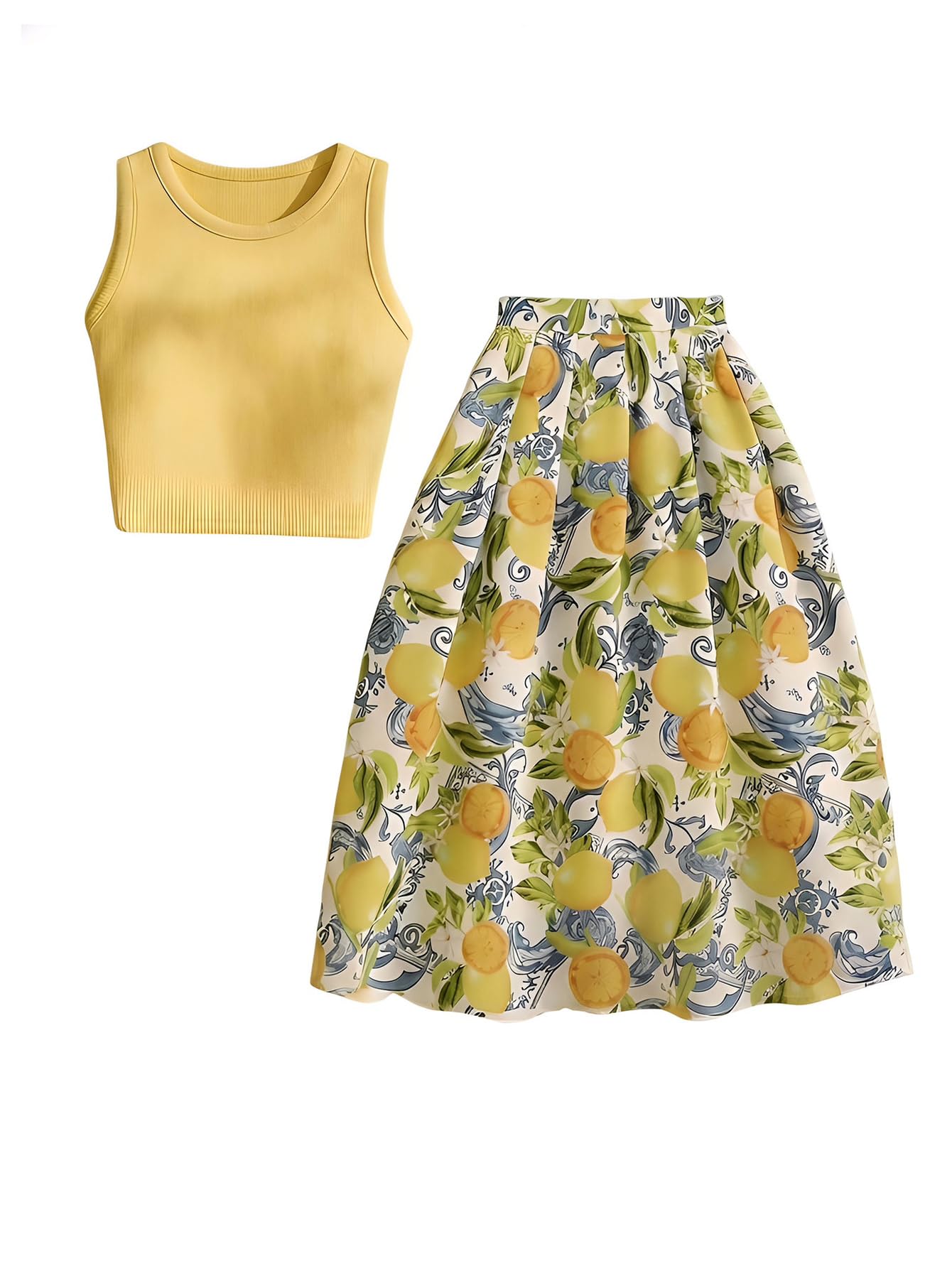 Photo 1 of SOLY HUX Women's Cute Summer Outfits Crop Tank Top and Boho Midi Skirts Cruise Vacation Clothes Yellow Multi Large