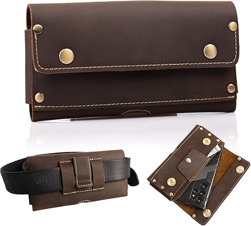 Topstache Funda de cuero para teléfono con clip para cinturón, dos bolsillos para teléfono celular, tarjetero de cuero, cartera para dinero en