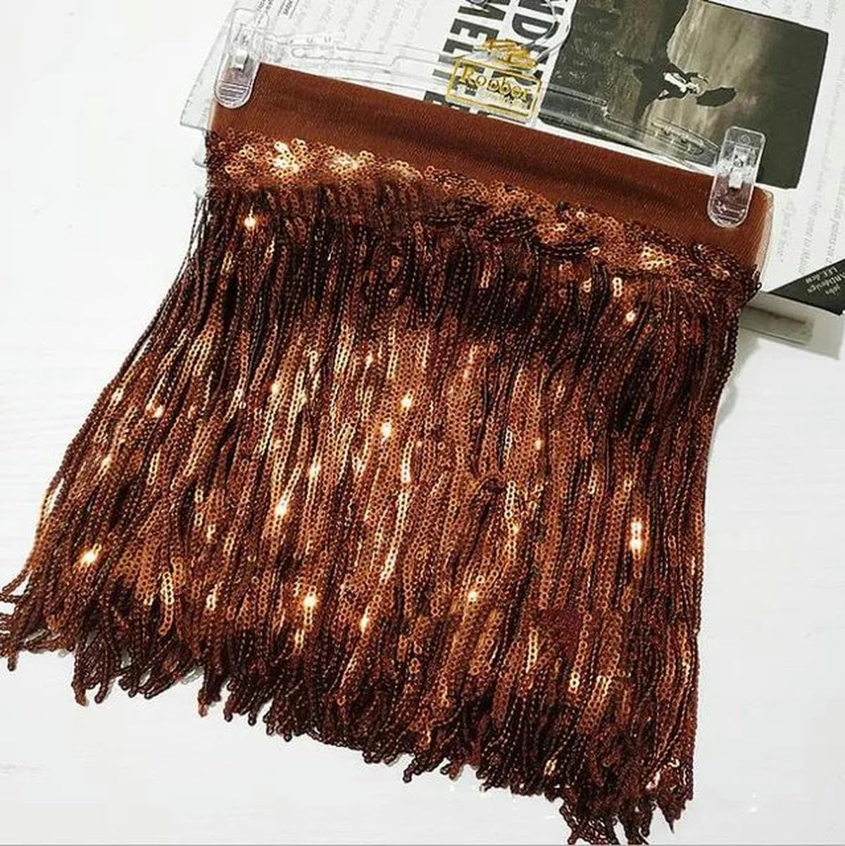 Lote de 5 yardas de cintas de encaje con borlas de lentejuelas de colores, 20 cm, para decoración de vestidos de noche y bodas, para hacer tú mismo, precio de 10 yardas, 14 café