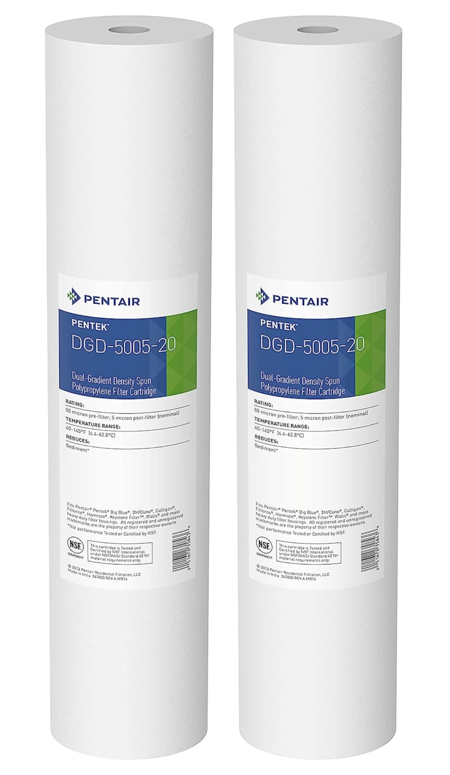 Pentair Pentek DGD-5005-20 Big Blue Water Filter, 20-Inch Whole House Sediment Filter Cartridge Replacement, Dual-Gradient Density Spun Polypropylene, 20" x 4.5", 5 Micron, Pack of 2, White