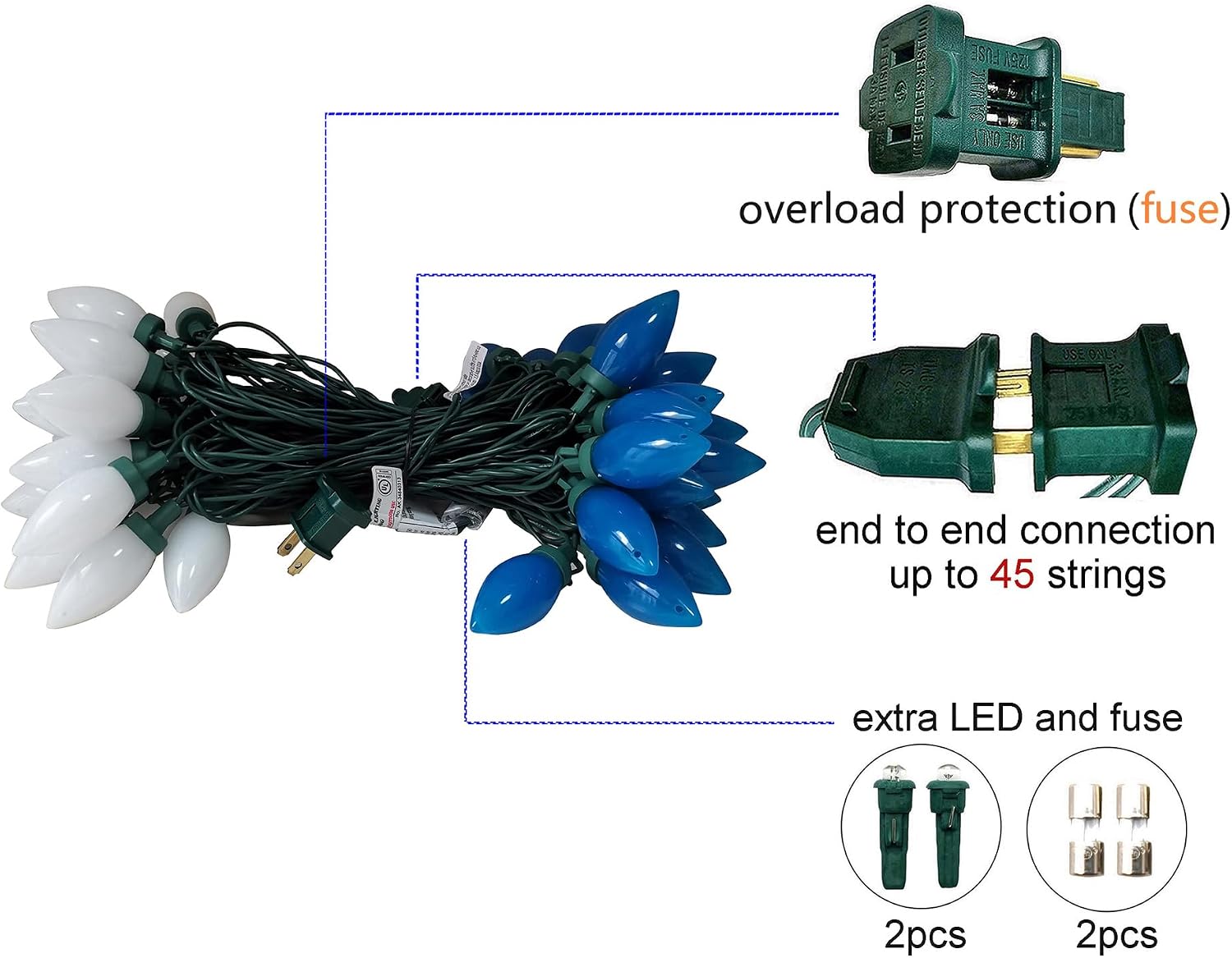 C9 Christmas Lights Outdoor 50 LED Blue + Cool White Strawberry 34.5ft Waterproof Xmas String Light for Garden Yard Home Party Holiday Christmas Tree Indoor Decoration(Blue + Cool White)
