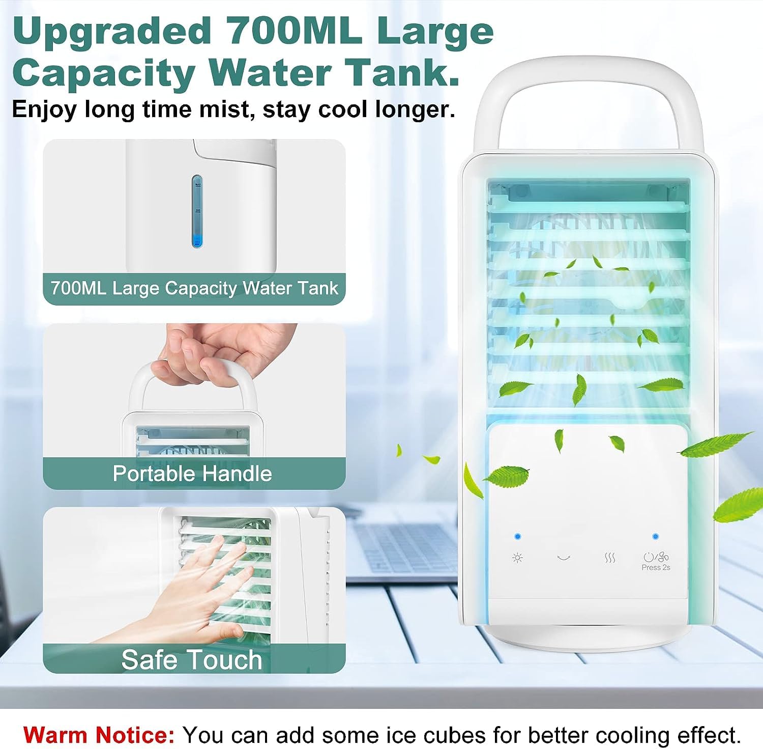 Portable Air Conditioner Fan, 4 in 1 USB Evaporative Air Cooler 3 Speeds 7 Colors Light, 70??Oscillation Personal Mini Air Cooler with 700ml Water Tank, Desktop Cooling Fan for Room, Car, and Camping