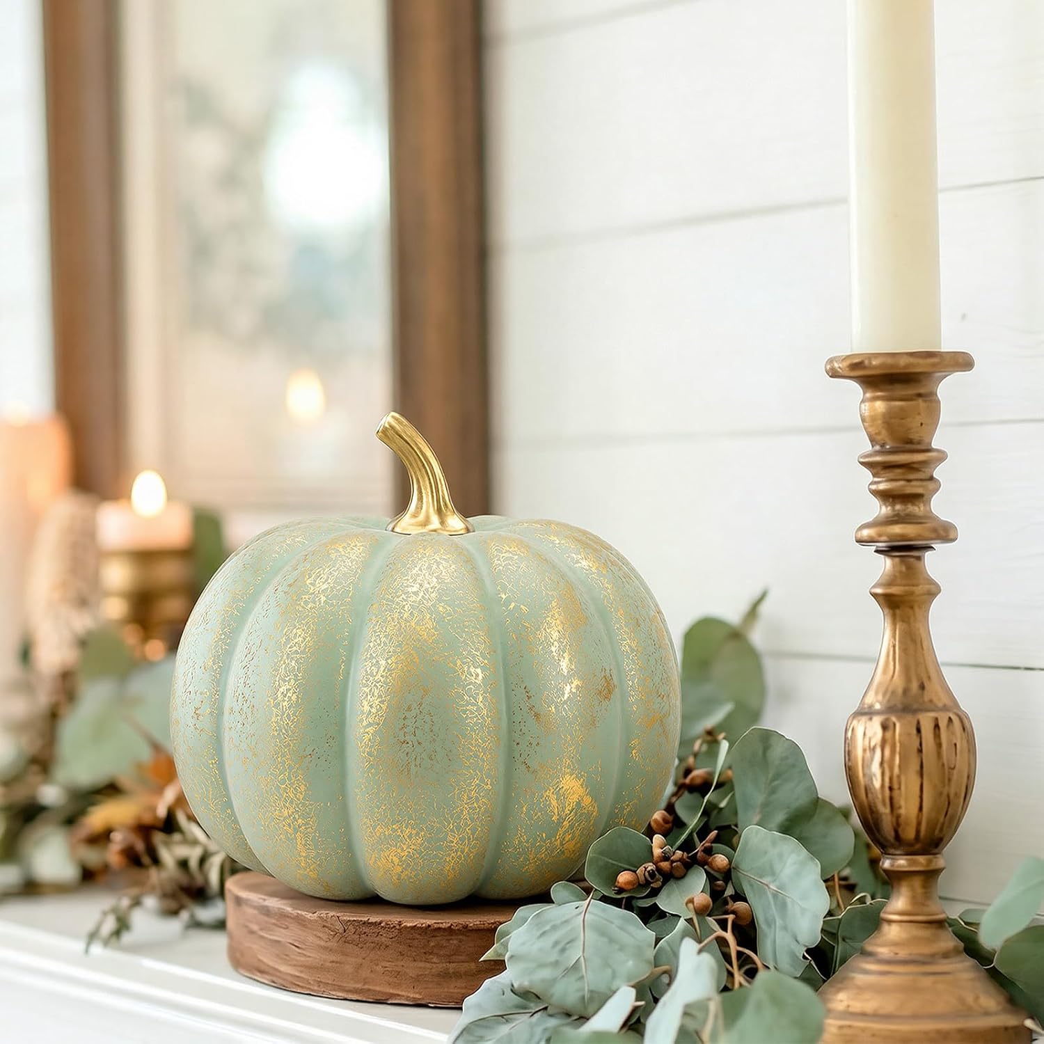 Amyhill Artificial Green Pumpkin 6.5" × 5.2" Fall Home Decor Green Gold Fake Foam Pumpkin Rustic Fall Centerpiece for Table Decoration for Autumn Harvest Thanksgiving Party Sage Kitchen Wedding Decor