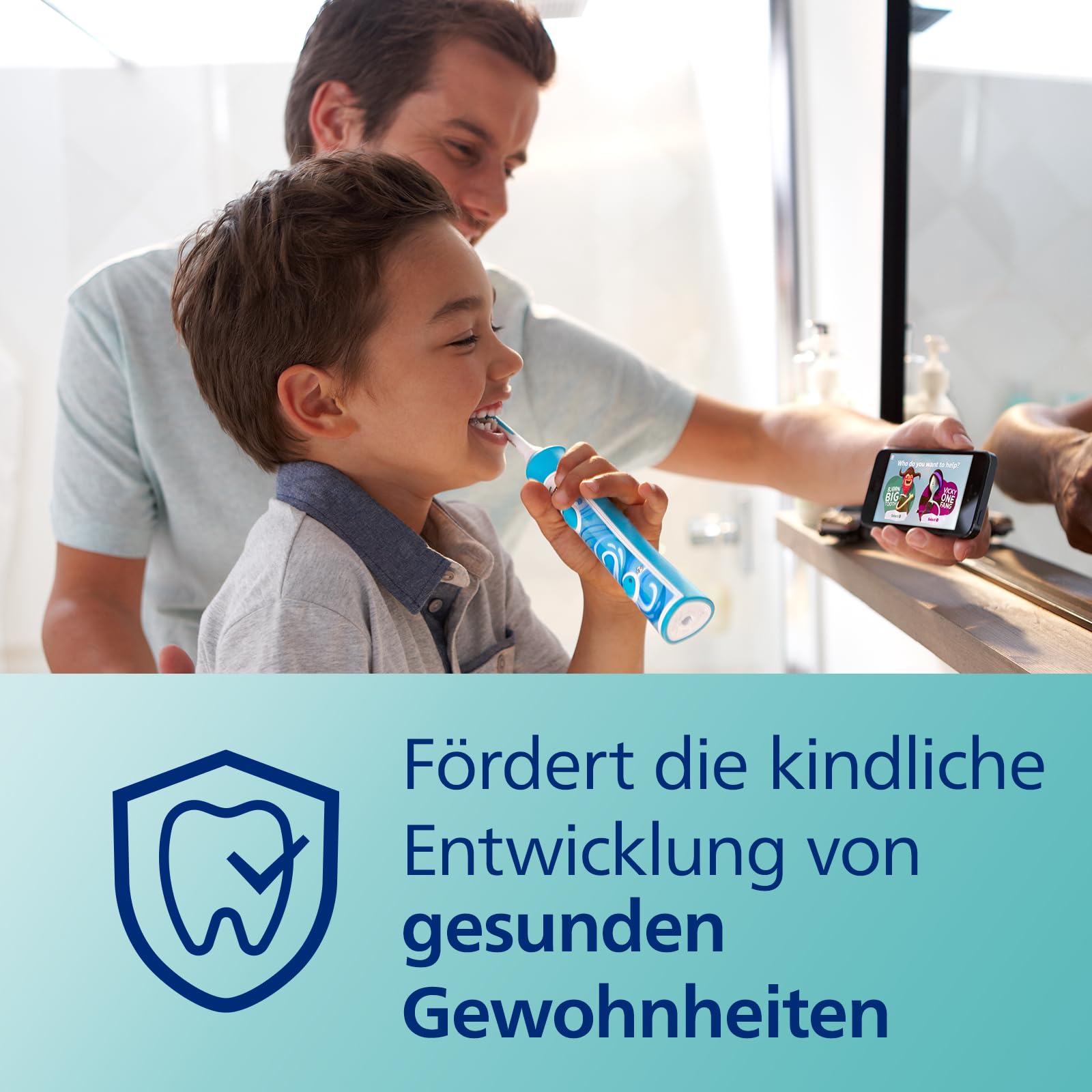 Philips Sonicare For Kids, elektrische Schallzahnbürste mit App, für Kinder ab 3 Jahren, mit SmarTimer und QuadPacer für eine gründliche Reinigung, Türkis, Modell HX6322/04