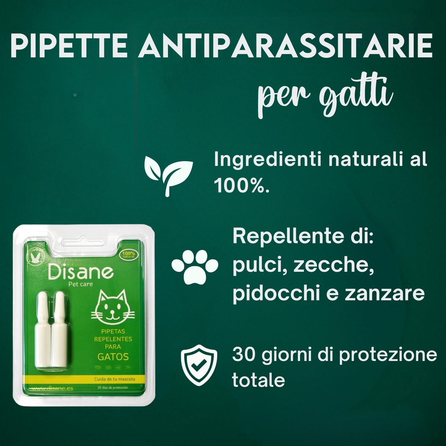 DISANE 2 Pipette Antiparassitarie per Gatti Naturale | 2 Mesi di Protezione Contro Insetti e parassiti: pulci, zecche e zanzare | Formulato sotto Controllo Veterinario Senza Tossicità per Il Gatto