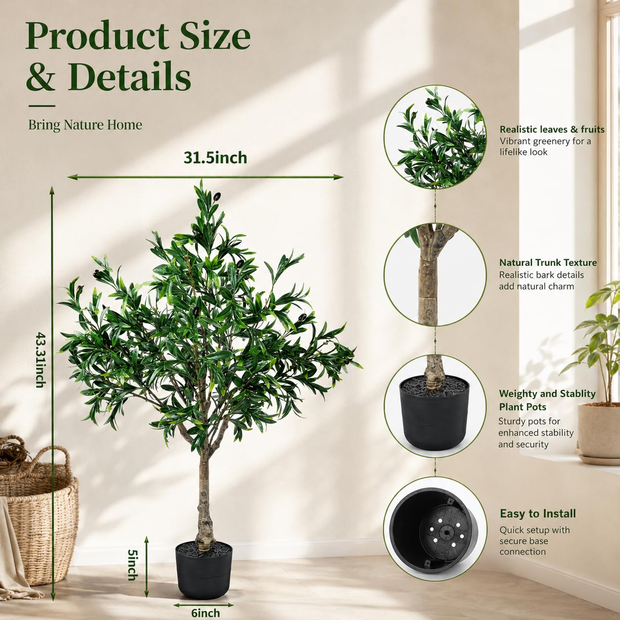 Oliviers artificiels pour intérieur et extérieur, 1 m, olivier artificiel en pot, grandes plantes d'olivier avec jardinière, tronc d'olivier naturel, feuilles de fruits réalistes pour la maison, le