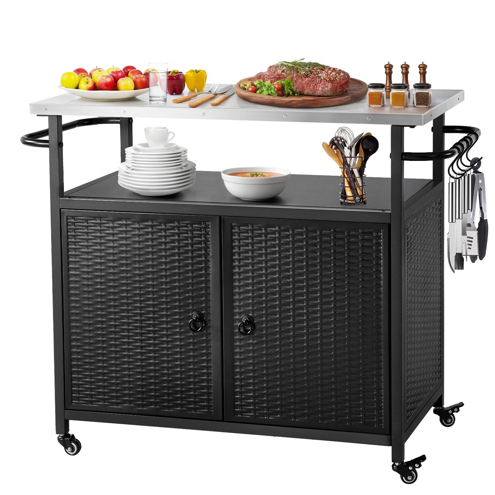 Outdoor Grill Cart with Storage, Outdoor Bar Cart with Wheels, Kitchen Island Cart with Stainless Steel Top for BBQ, Patio, Backyard
