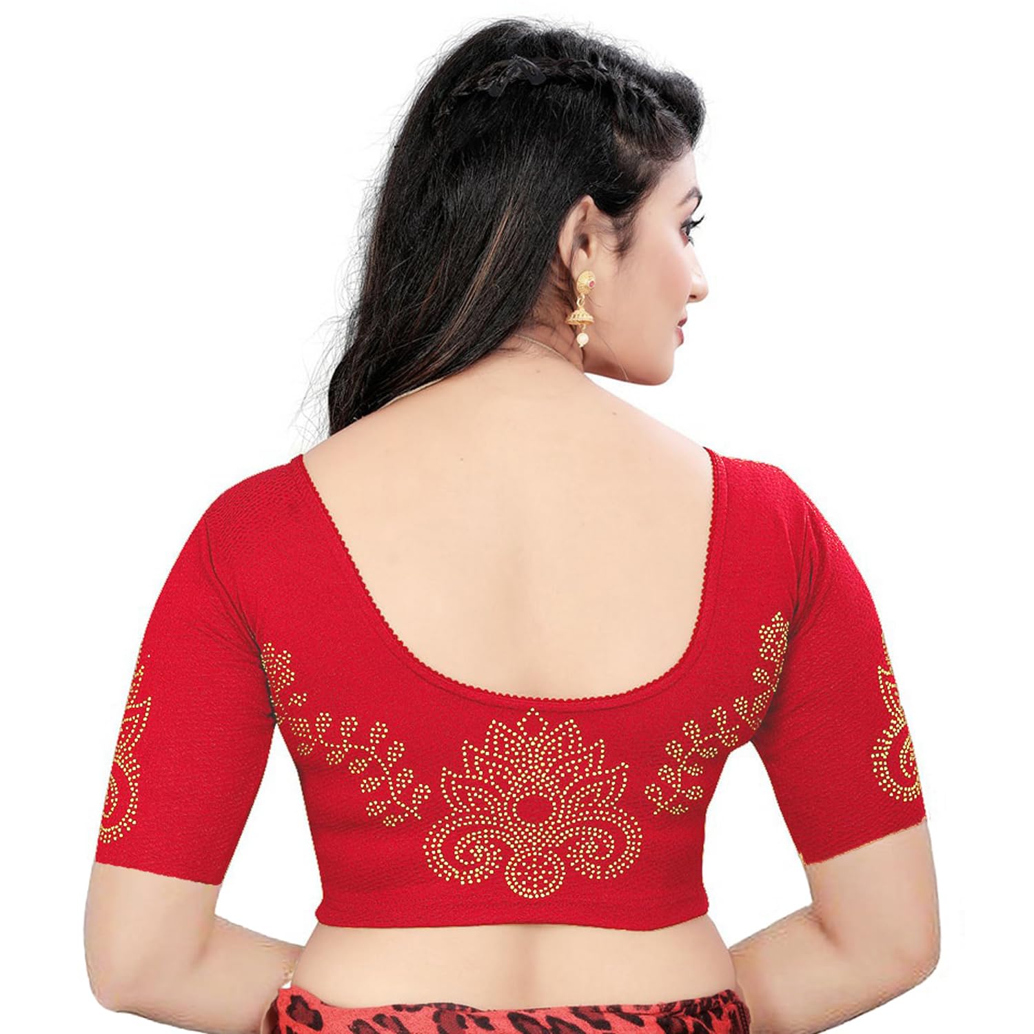 pu fashion Stylish Golden Stone Work Stretchable Blouse Latest Trendy Designer Readymade Women's Saree Blouse Round Neck Half Sleeves-picture-21