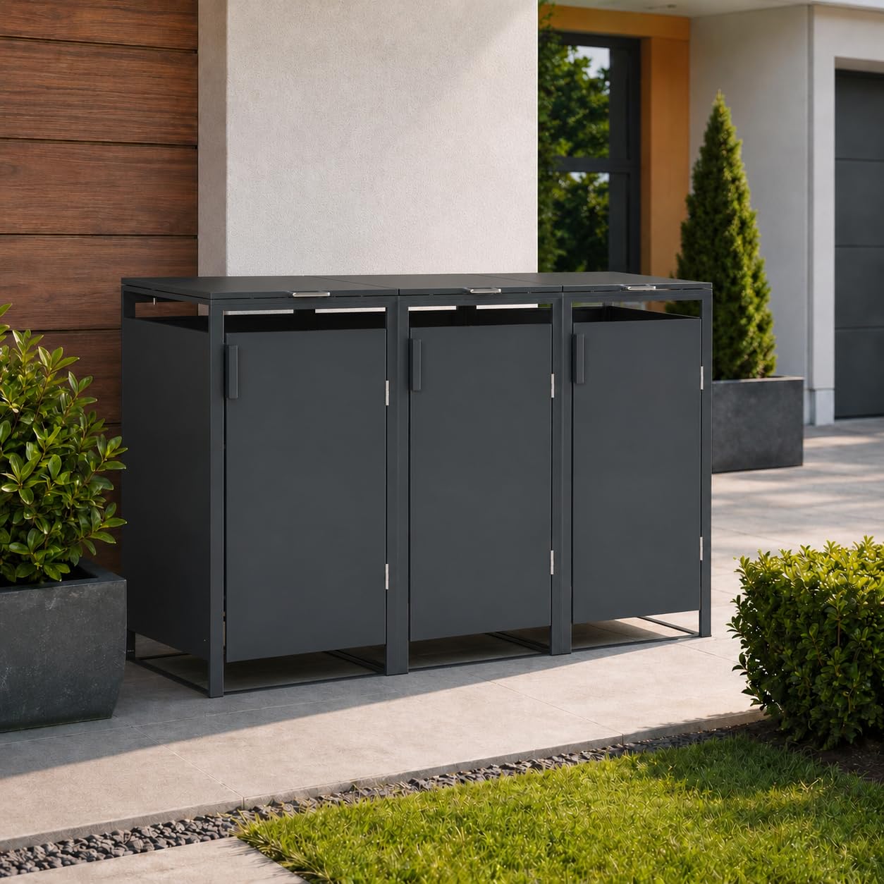 JOMO Mülltonnenbox 3-er 240L aus verzinktem Stahl in Anthrazit – Mülltonnenhaus für 240L Tonnen – Wetterfeste Mülltonnenverkleidung, stabile Müllbox mit Belüftung