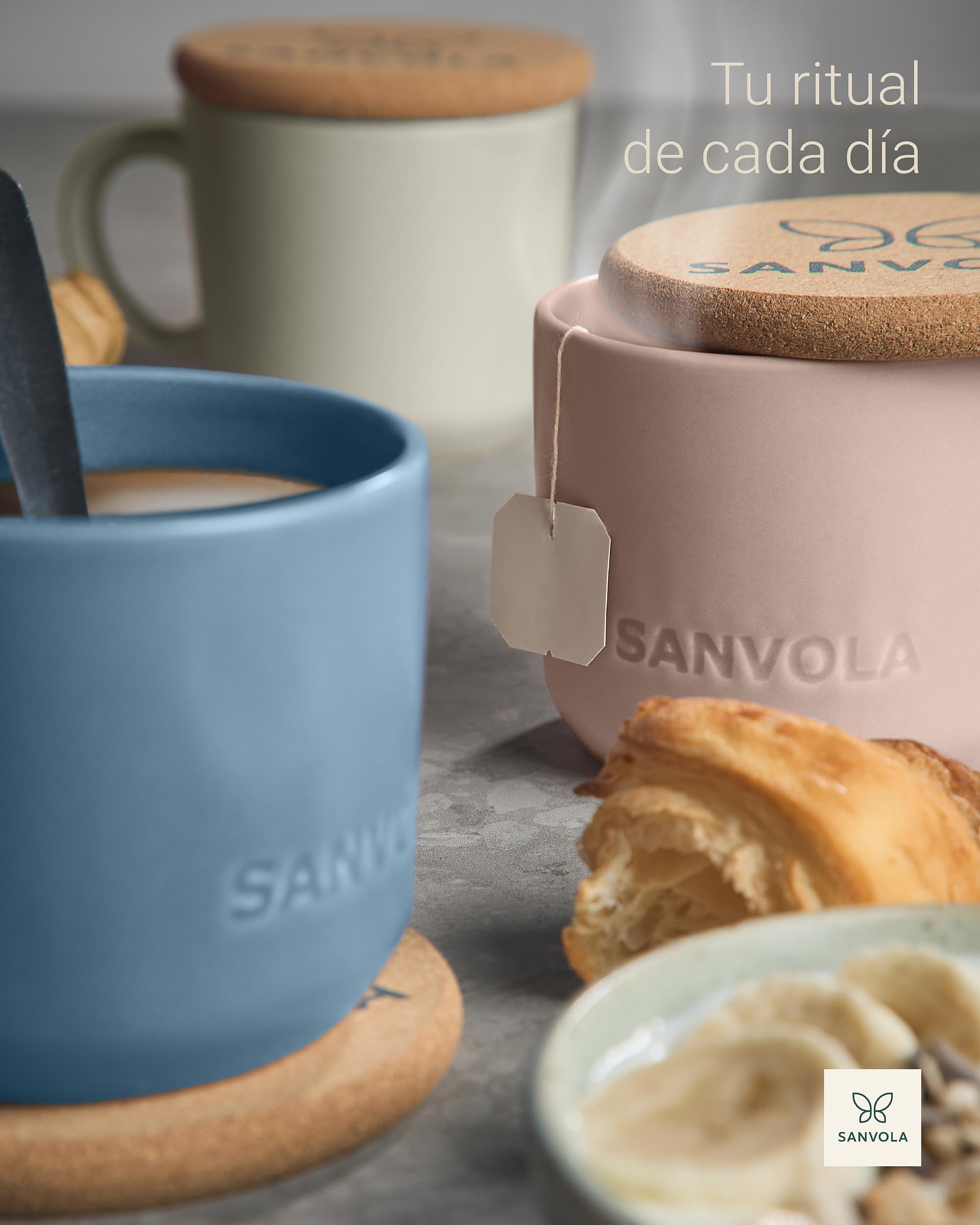 6 tazas desayuno 350 ml, juego de tazas de cafe de gres cerámico mate con tapa-posavasos de corcho 2 en 1, aptas para microondas y lavavajillas, ideales como tazas cafe con leche y tazas de te