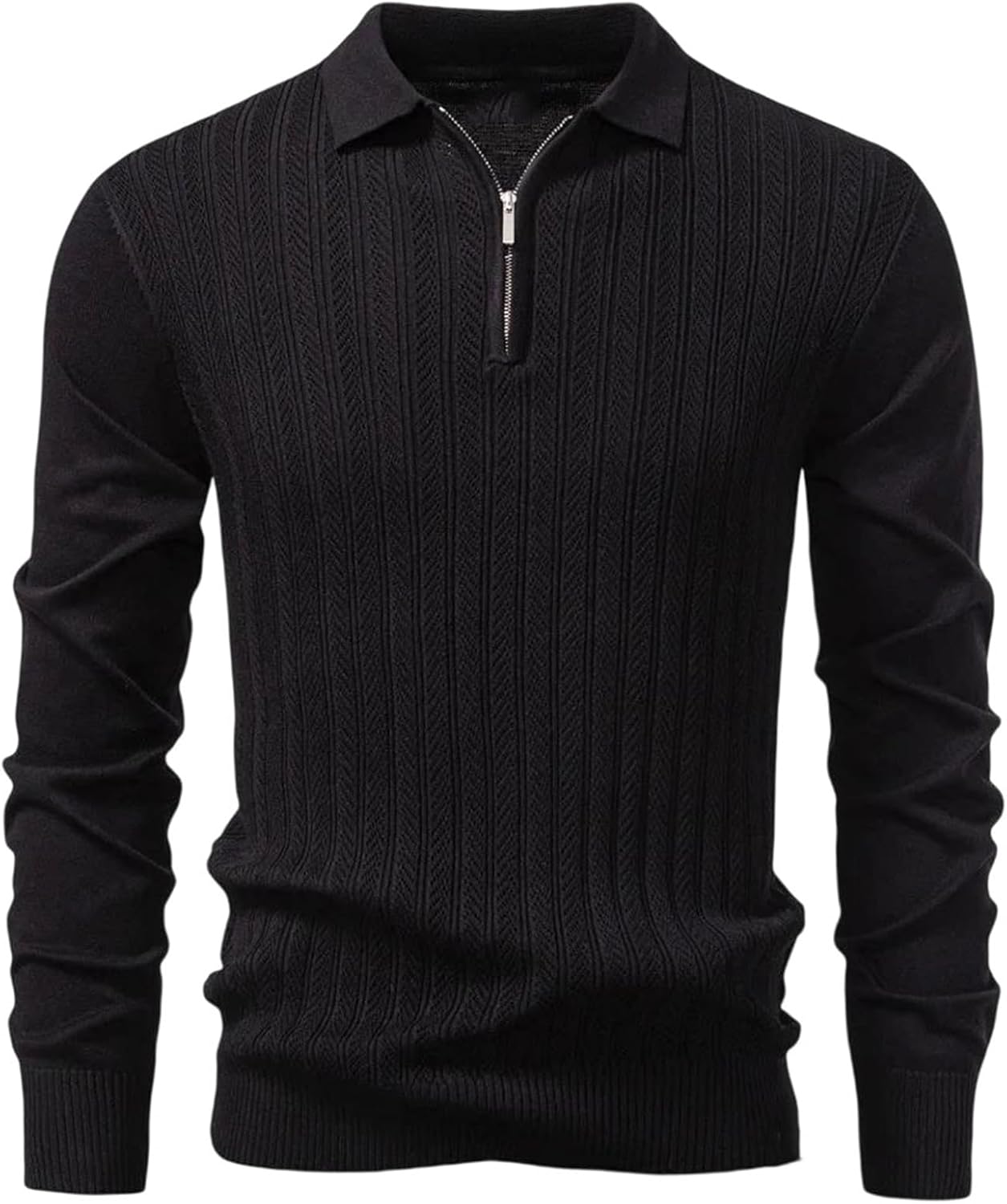 Men's Half Zip Polo Sweaters Long Sleeve Pullover Lightweight Turndown Collar Spliced Textured Highly Elastic Tops