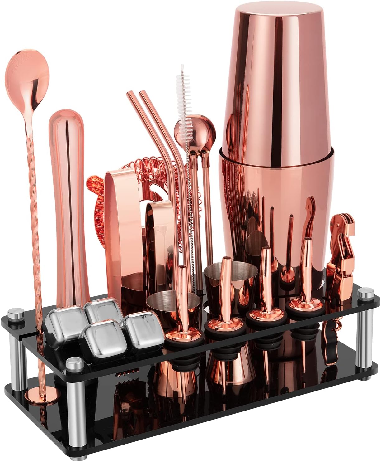 Cocktail Shaker Set, 23-Piece Stainless Steel Bartender Kit with Acrylic Stand & Cocktail Recipes Booklet, Professional Bar Tools for Drink Mixing, Home, Bar, Party (Include 4 Whiskey Stones)