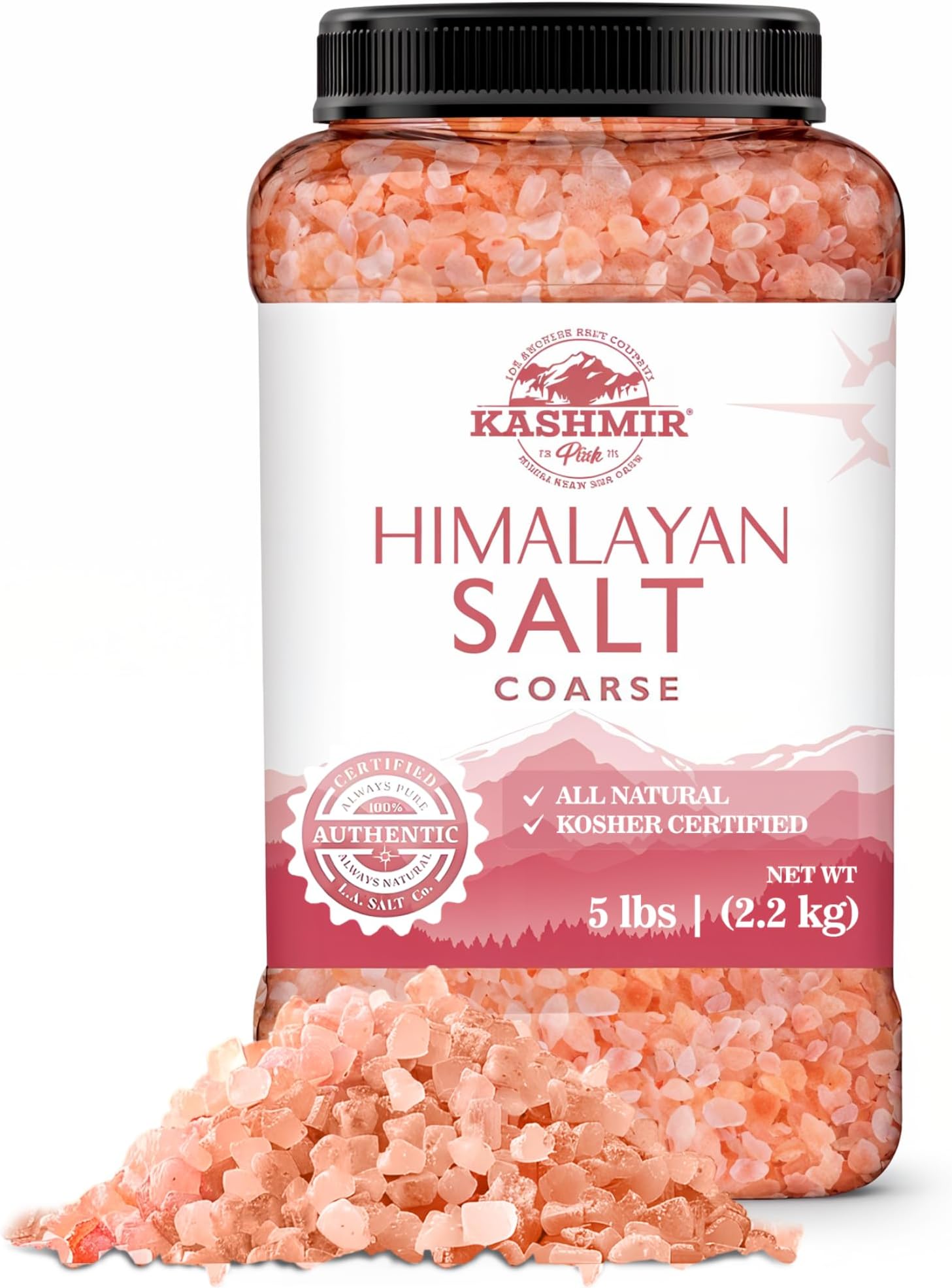 LA SALT CO Kashmir 5 Lbs Pink Himalayan Salt Bulk Jar, Coarse | 100% Pure, Food Grade with 84 Trace Minerals | Kosher Certified, Vegan, Non-GMO, & Cruelty-Free