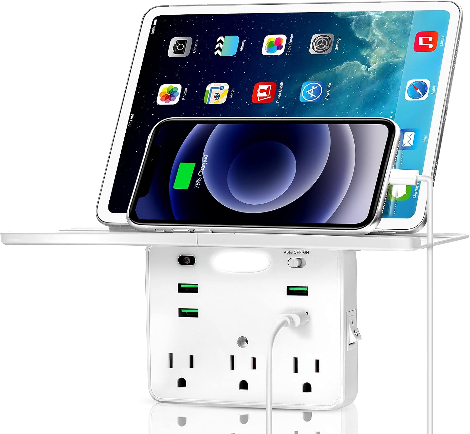Socket Outlet Shelf, Wall Outlet Extender with Removable Shelf, Built-in Surge Protector & Night Light, Multi Plug Electric Outlet Extender with 4 USB Charging Ports & 3 AC Outlets