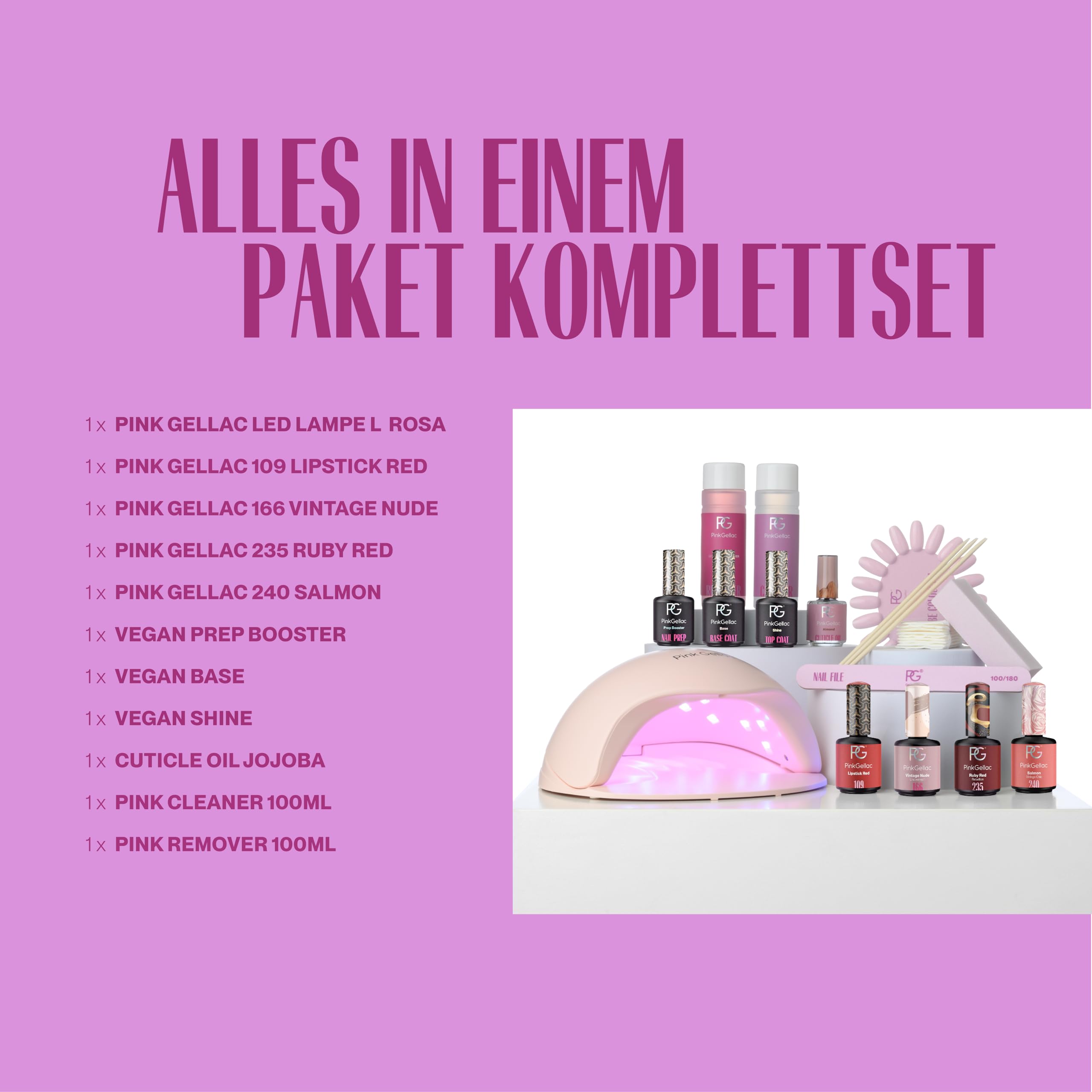 Pink Gellac Gel Nägel Set - UV Nagellack Set mit Premium UV Lampe Rosa, 4x Roten Farbtönen 15 ml, Top Coat Gel, Base Coat, Nagelfeile, Entferner und Cleaner - Nägel Selber Machen in Salonqualität