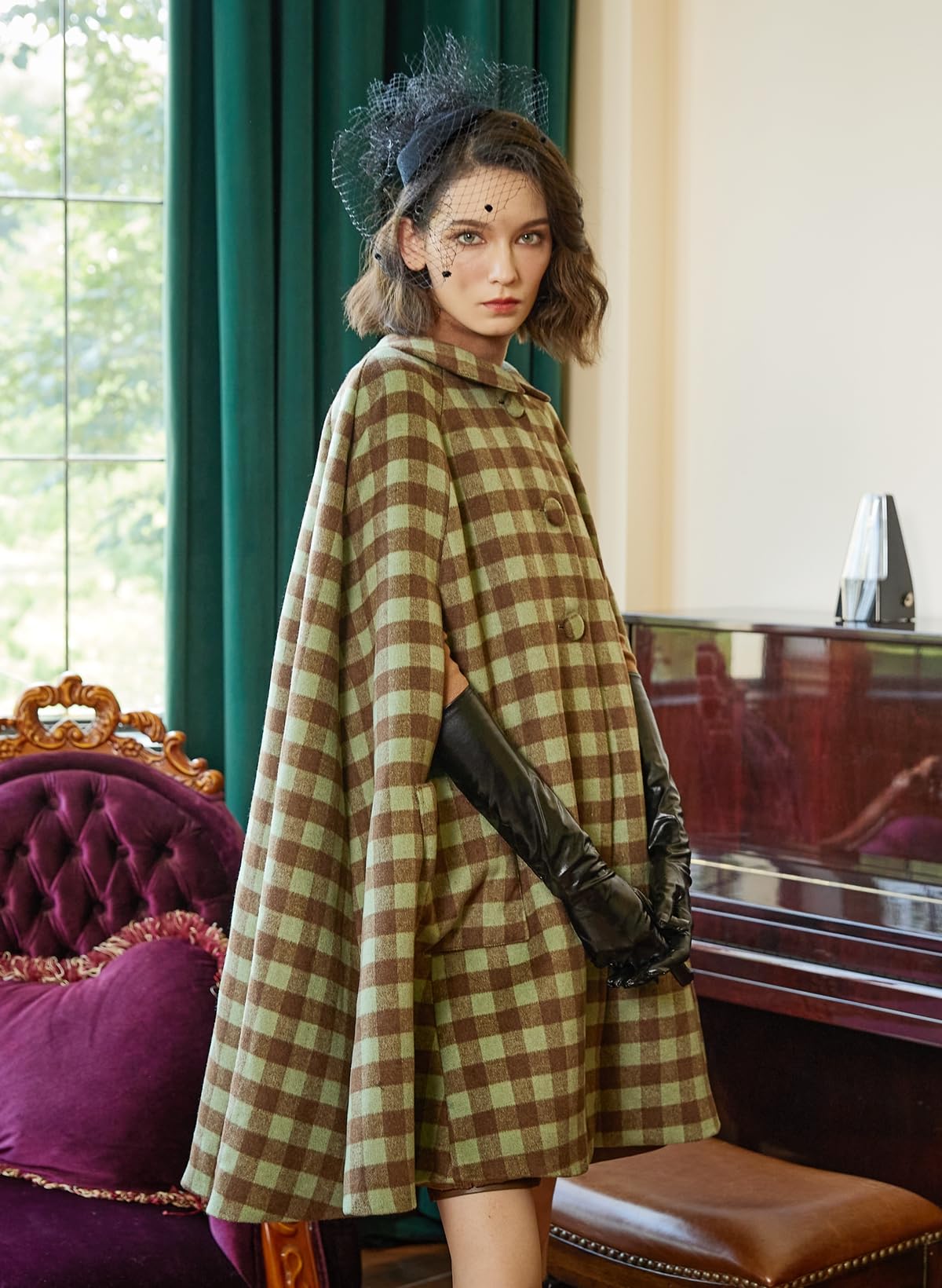 BEAUTELICATE Umhang Poncho Damen Wollmischung Umhang Mantel Bubikragen Poncho Cape mit Ärmelnähte Winddicht Leoparde Wintermantel mit Taschen Herbst Winter für Hochzeit Halloween Weihnachten