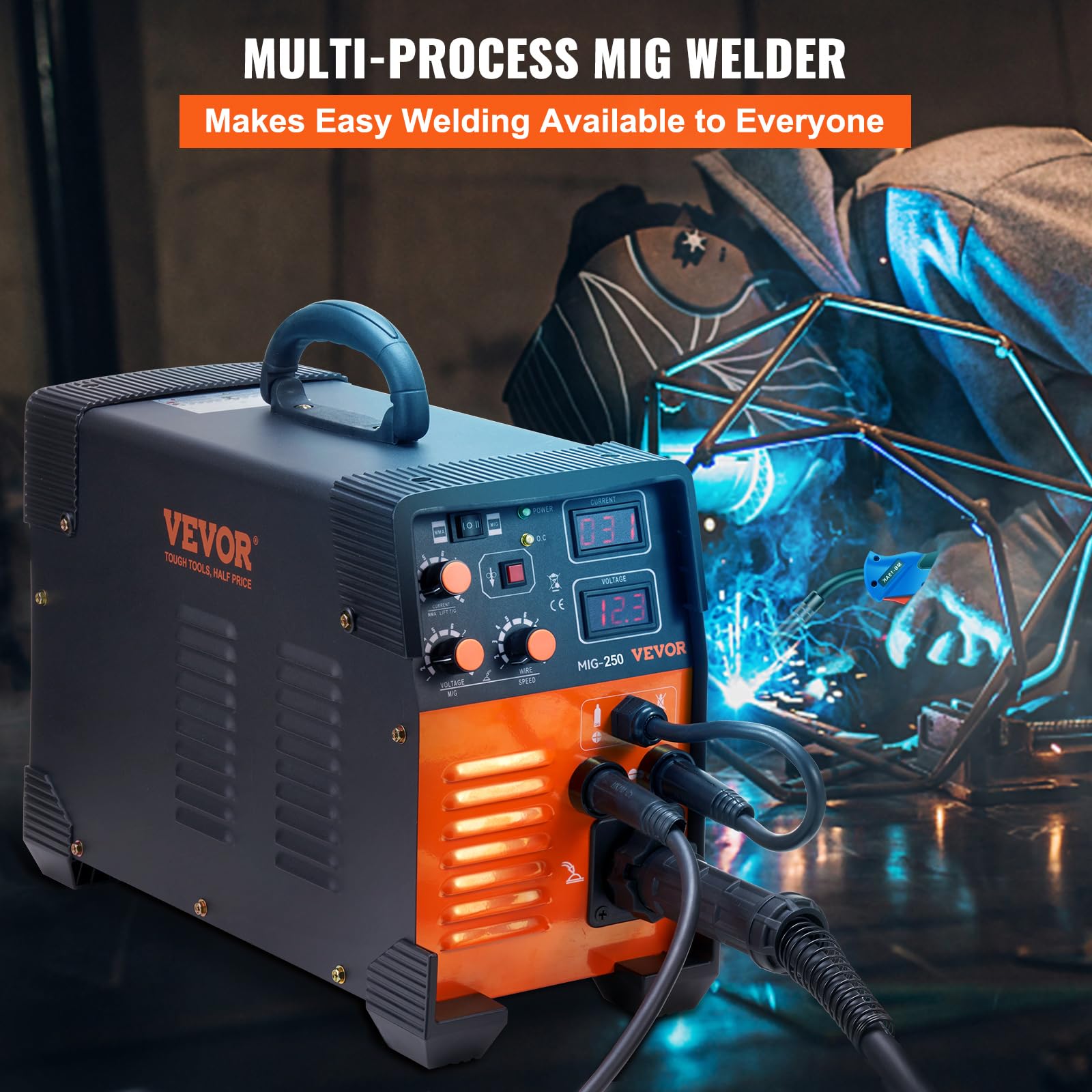 VEVOR MIG/MMA/LIFT TIG 3 in 1 Schweißgerät 50–250A Fülldrahtschweißen(0,8 mm & 1 mm) IGBT-Technologie 2,2–12m/min Drahtgeschwindigkeit 5,6 kVA Nenneingangsleistung IP21S Schutzart