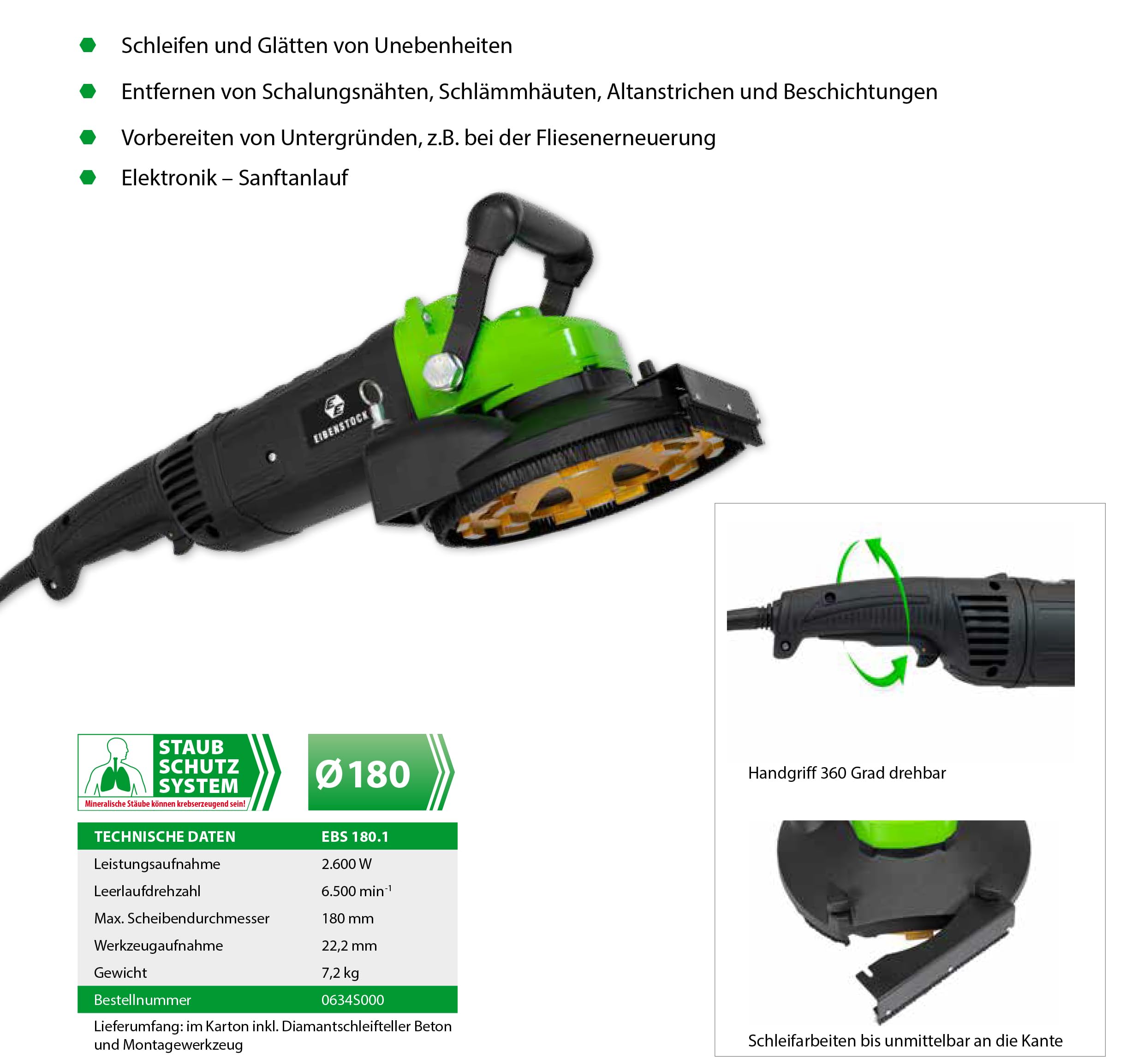 Eibenstock EBS 180.1 szlifierka do betonu, 180 mm, diamentowa tarcza szlifierska, z odsysaniem kurzu, obracany o 360° uchwyt