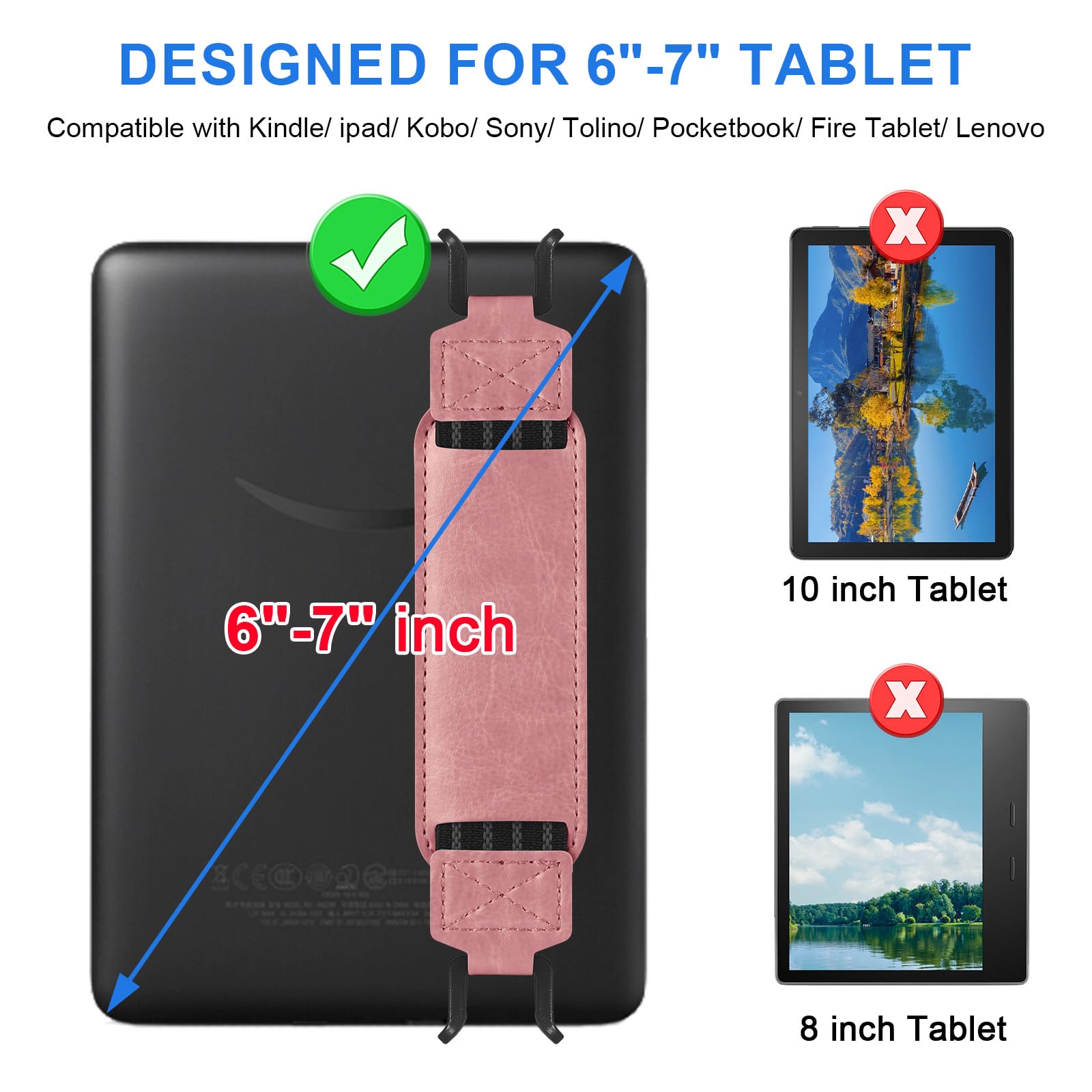HoYiXi Uniwersalny miękki pasek na rękę do 6-7 calowego czytnika e-booków/tabletu, kompatybilny z Kobo/PocketBook/Tolino/Sony/Paperwhite/Nook, pasek na rękę o wysokiej elastyczności do tabletu, różowy