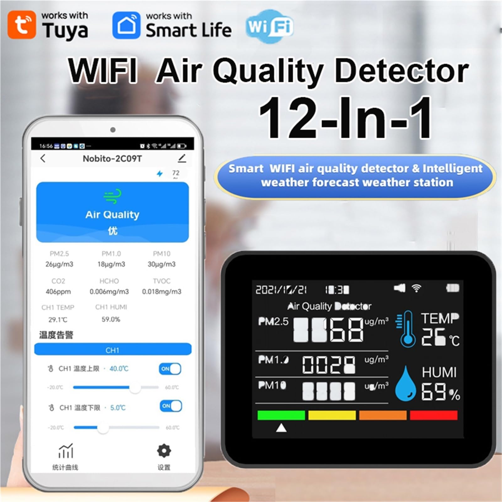monitor di co2, Rilevatore Di Qualità 'aria 14 In 1 Smart WIFI APP CO2 PM2.5 HCHO Umidità E Temperatura Data Ora Con Display A Colori Da 2,8" Per La Casa per casa, ufficio, auto