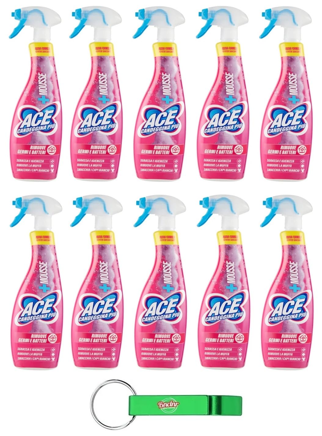 10x ACE Candeggina +Mousse, sgrassa le superfici della casa e le macchie più ostinate del bucato,Flacone Spray da 700ml + Portachiavi Beni Culinari in Omaggio