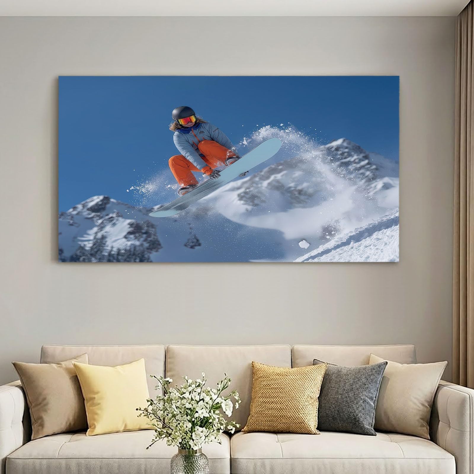 Stampa artistica da parete su tela, 120 x 80 cm (lunghezza x larghezza), con cornice, con sciatore sportivo, per bagno, camera da letto, soggiorno, pareti, con ganci e chiodi