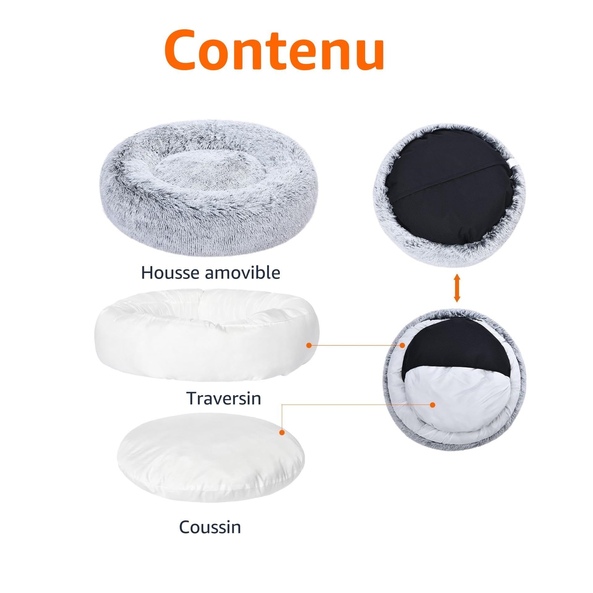 Amazon Basics Lit renforcé en fausse fourrure Doux en forme de donut pour animal domestique, Chien, Lavable en machine, 59 cm, Gris