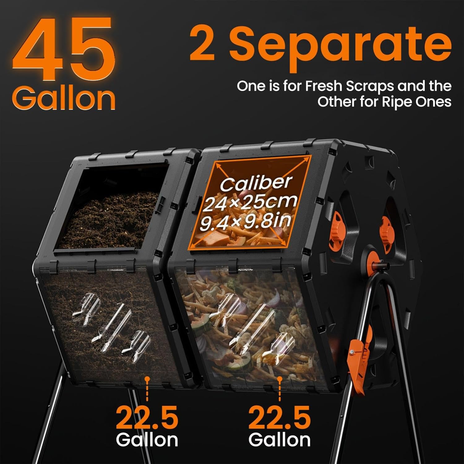 Outdoor Compost Bin 45 Gallon Capacity Double Tumbling Composter with Ventilation Fins & Sturdy Polypropylenes Construction, 24.2 Lbs Load Capacity Rotating Compost Tumbler for Garden Yard