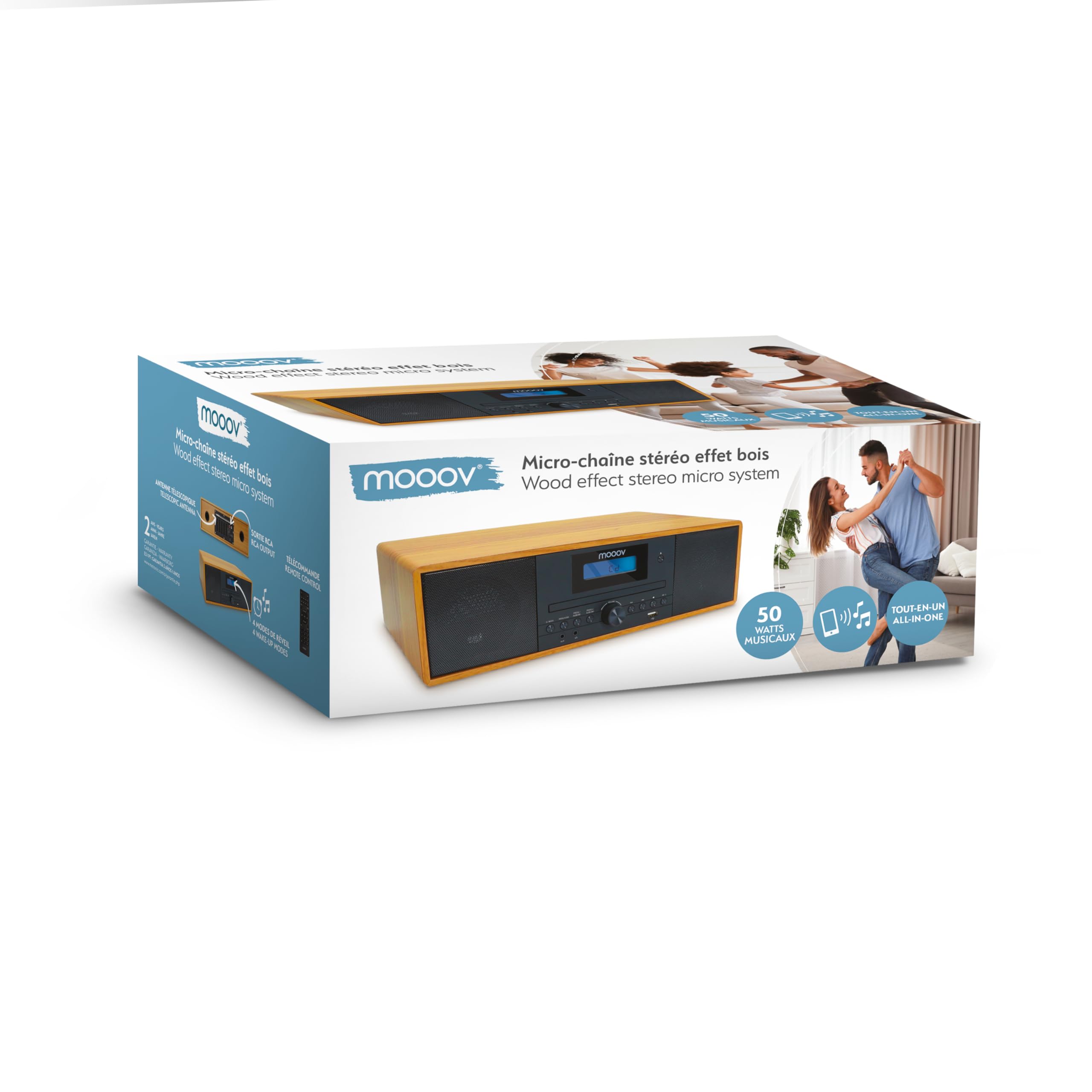 MOOOV Micro-Chaine HiFi Bluetooth sans Fil FM CD USB Télécommande Effet Bois Mini Chaîne Enceinte Vintage