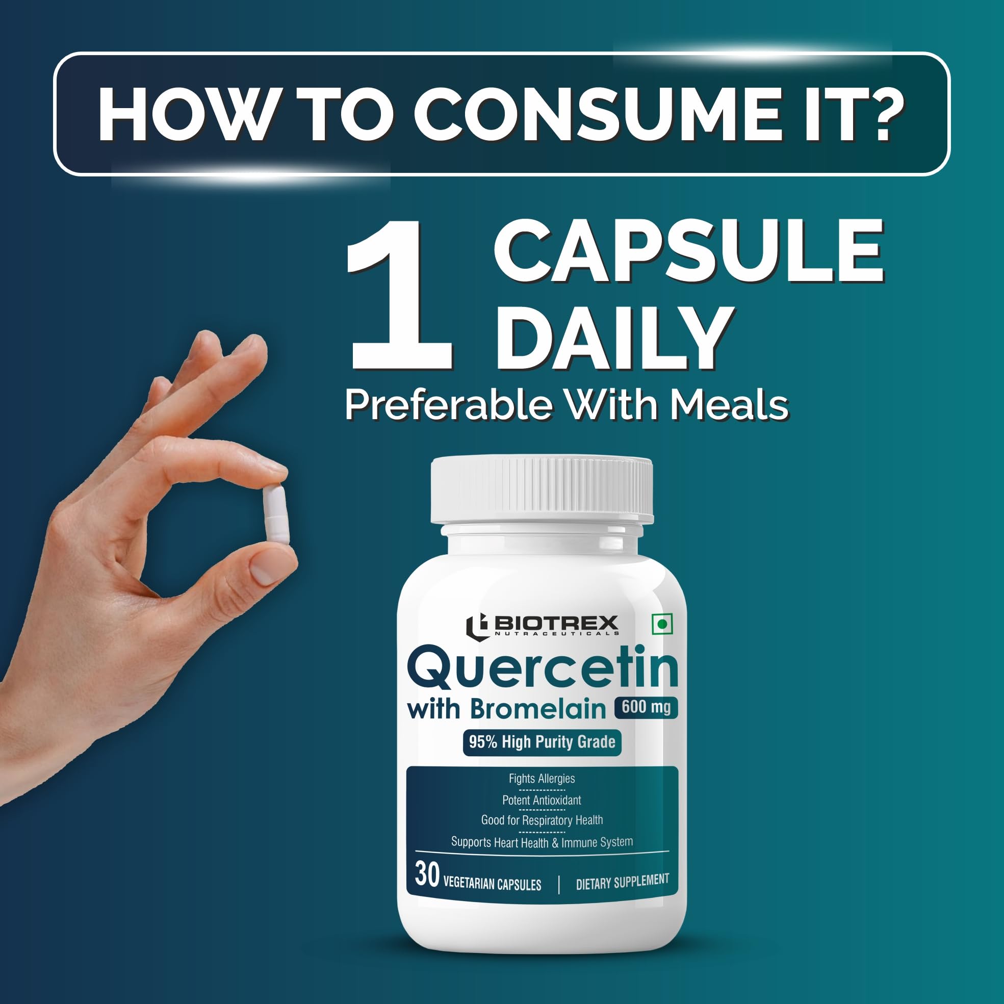 Biotrex Nutraceuticals Quercetin with Bromelain 600mg Better Respiratory Health | Antioxidant | Fights Allergies | Immunity & Cardiovascular Health - 30 Veg Capsules 2