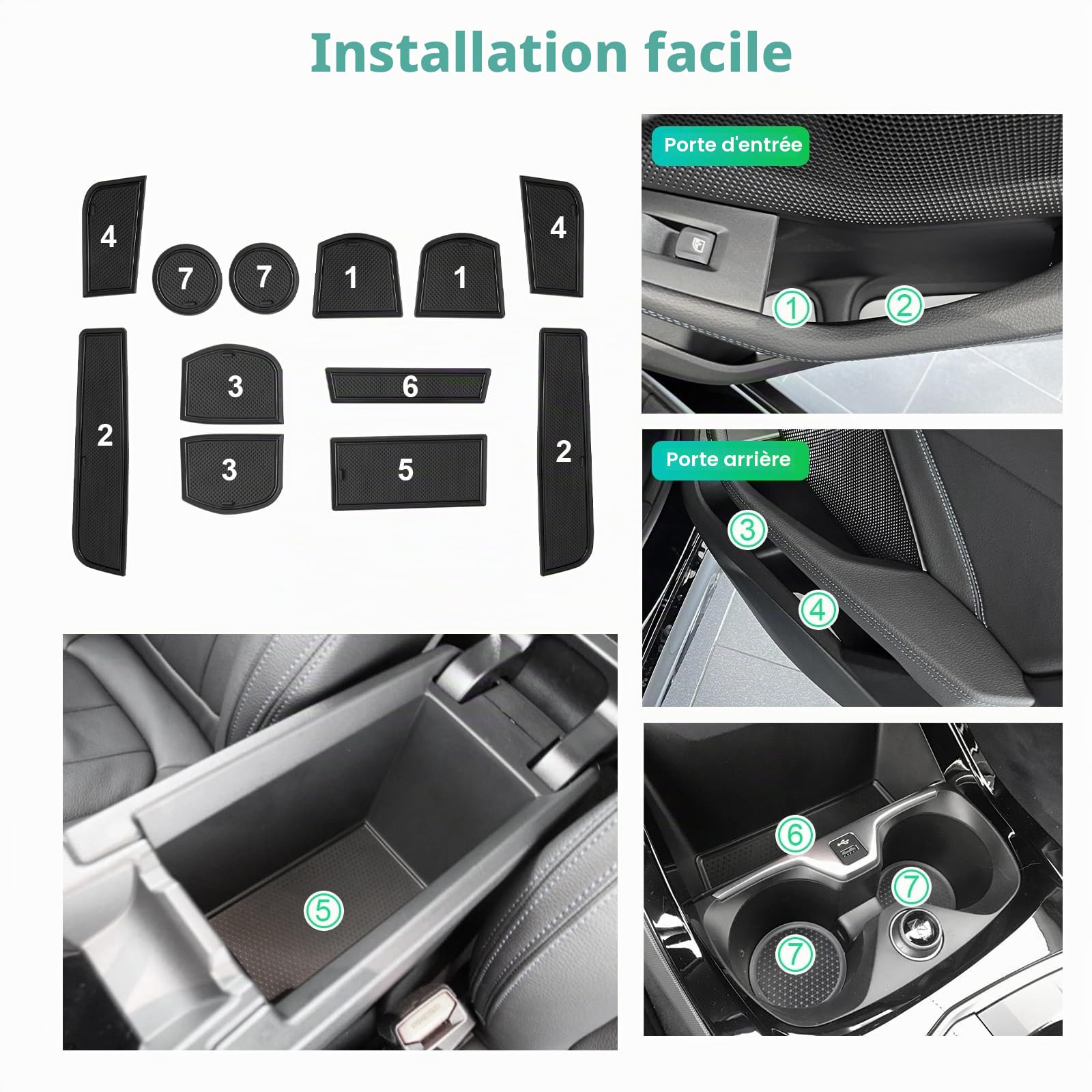 GAFAT Compatible avec BMW Serie 1 F40 2019-2024 (Automatique) Tapis Antidérapants, Série 1 F40 Tapis en Caoutchouc de Console Centrale, Porte-Gobelet, Couture Porte, Serie 1 F40 Accessoires (Noir)