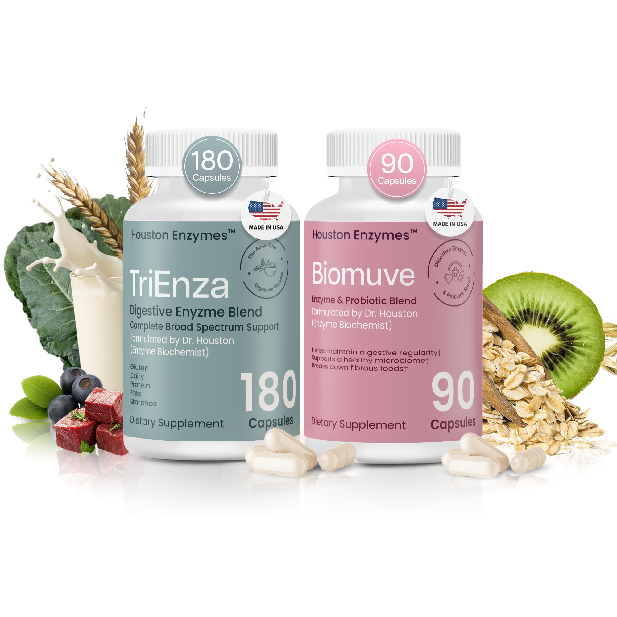 Houston Enzymes Gut Health Bundle - TriEnza Digestive Enzymes for Women & Men 180ct & Biomuve Combination of Enzyme, Probiotics, Prebiotics & Botanicals, 120ct, for Digestion & Regularity