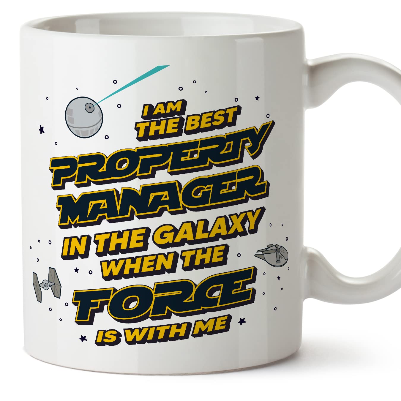 MUGFFINS Property Manager Mug - in English - Best in The Galaxy The Force is with Me - Funny Gift for Colleagues - Ceramic 11oz Mug