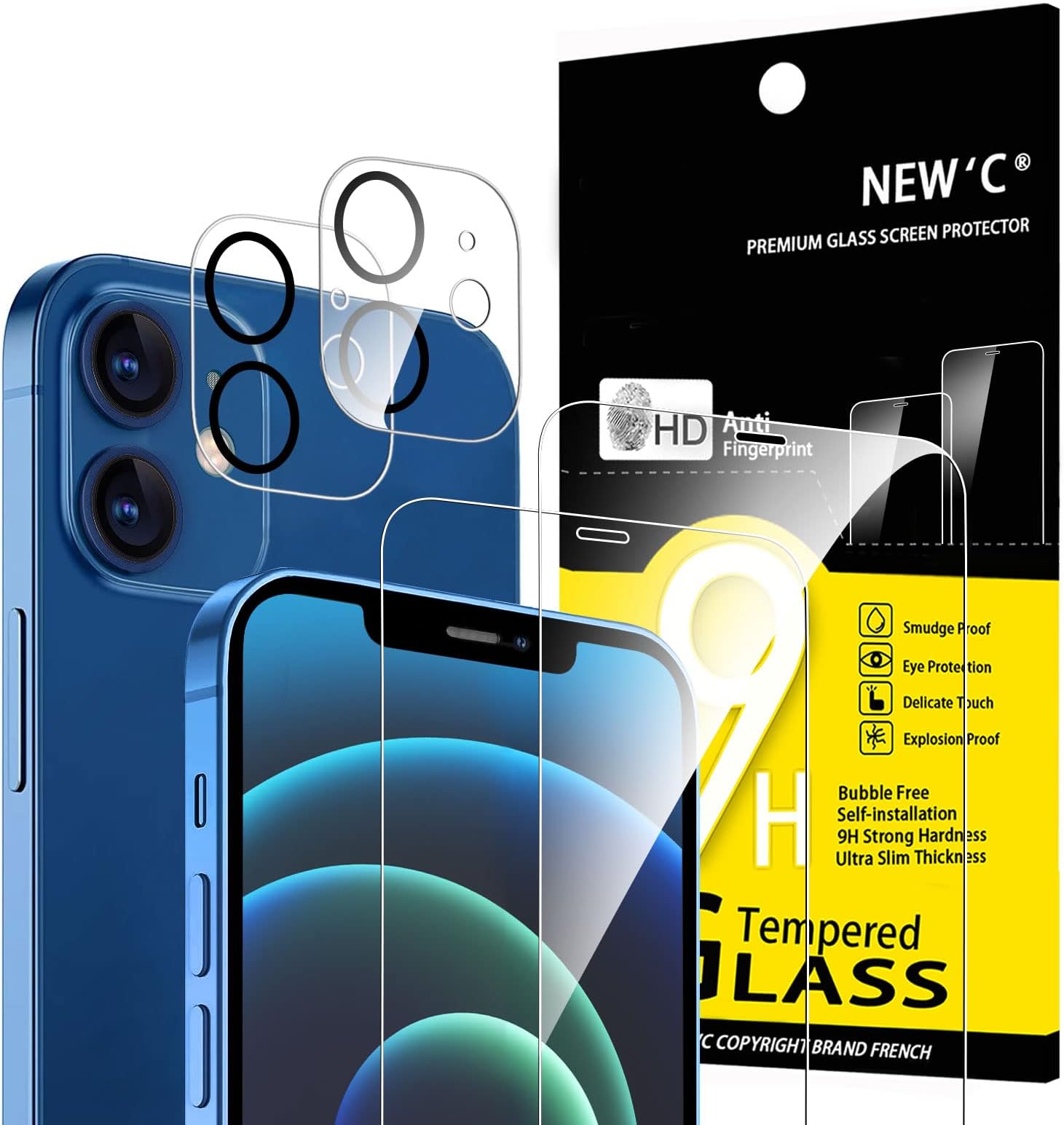 NEW'C [4 Pack, 2 x Glass Screen Protector for iPhone 12 (6,1") and 2 x