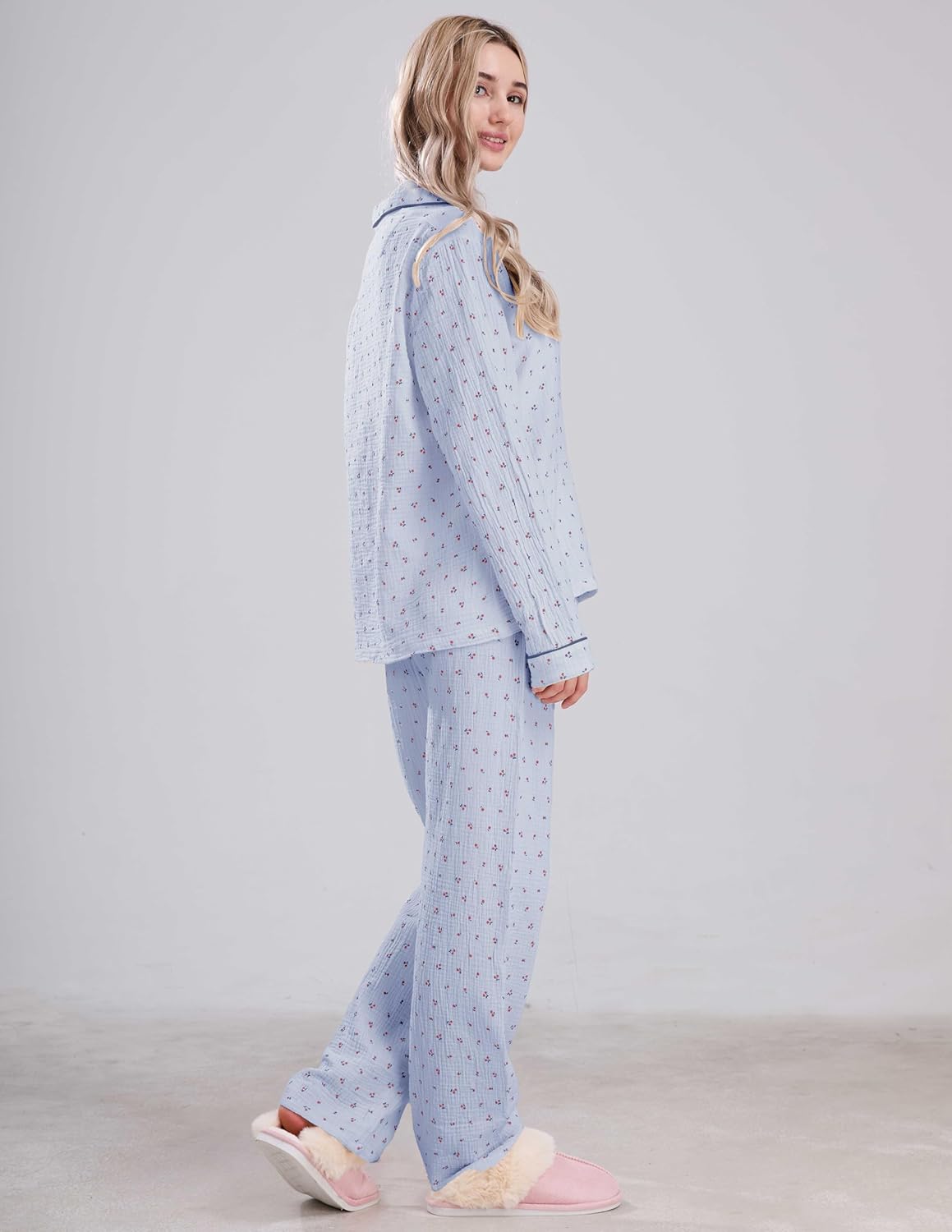 Womens Cotton Gauze Pajama Set Long Sleeve Button Up Shirt and Pants 2 Piece Cute Printed Pj Set - Image 6