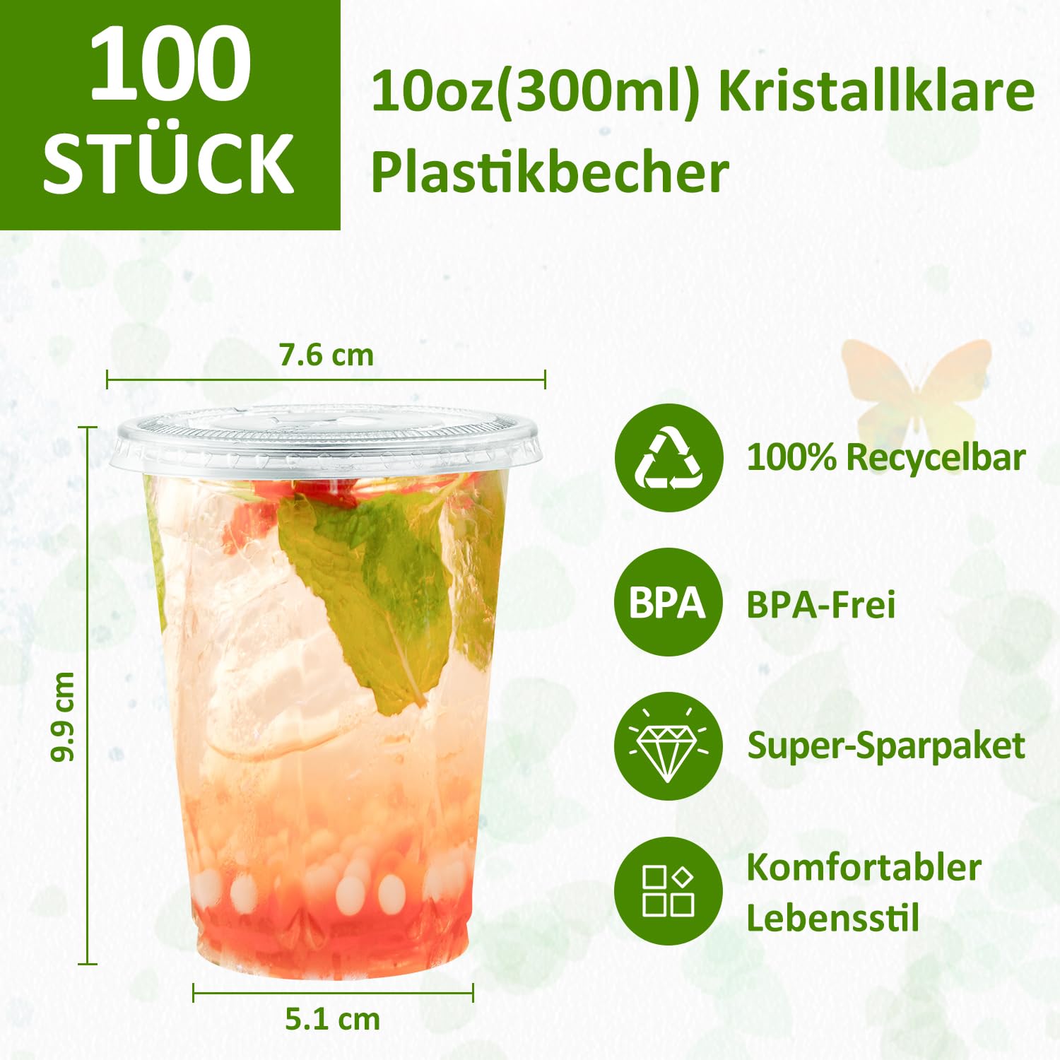 Eupako 100 bicchieri di plastica da 10 oz/300 ml con coperchio – bicchieri monouso trasparenti per bevande, profumi, frullati, adatti al frigorifero e impilabili