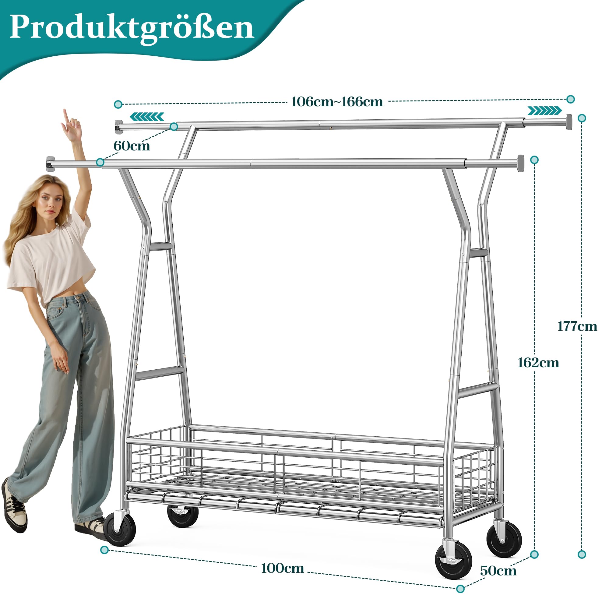 Kleiderständer auf Rollen mit Doppelstange & Netzkorb, 200 kg Schwerlast-Tragkraft, reichlich Stauraum für Kleidung & Accessoires