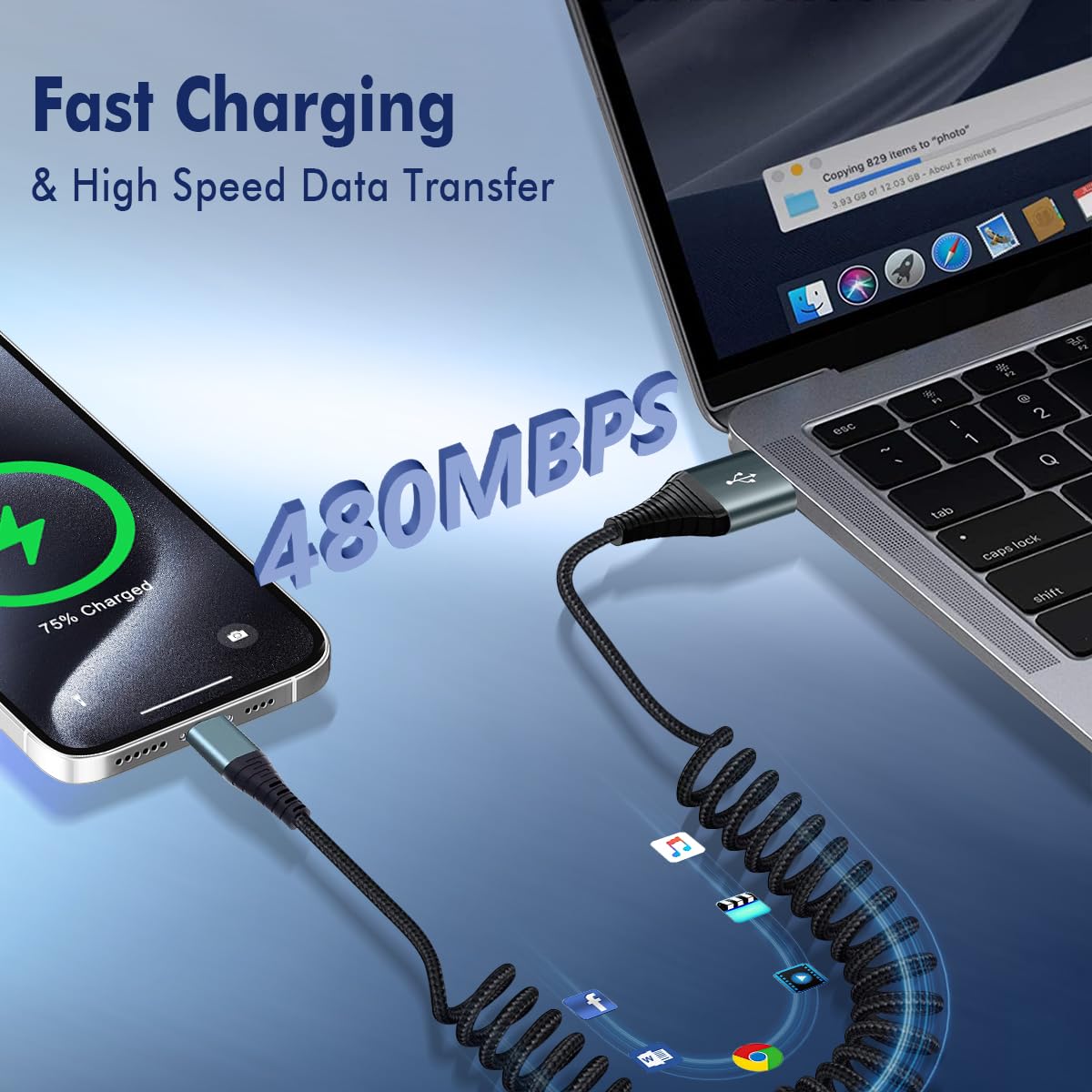 JUKEKUL Cavo USB C a spirale, 0,9 m, confezione da 2 cavi da USB A a USB C, ricarica rapida, cavo di ricarica intrecciato di tipo C, compatibile con iPhone 15 Pro Max Plus Note 20 iPad Pro Air Mini