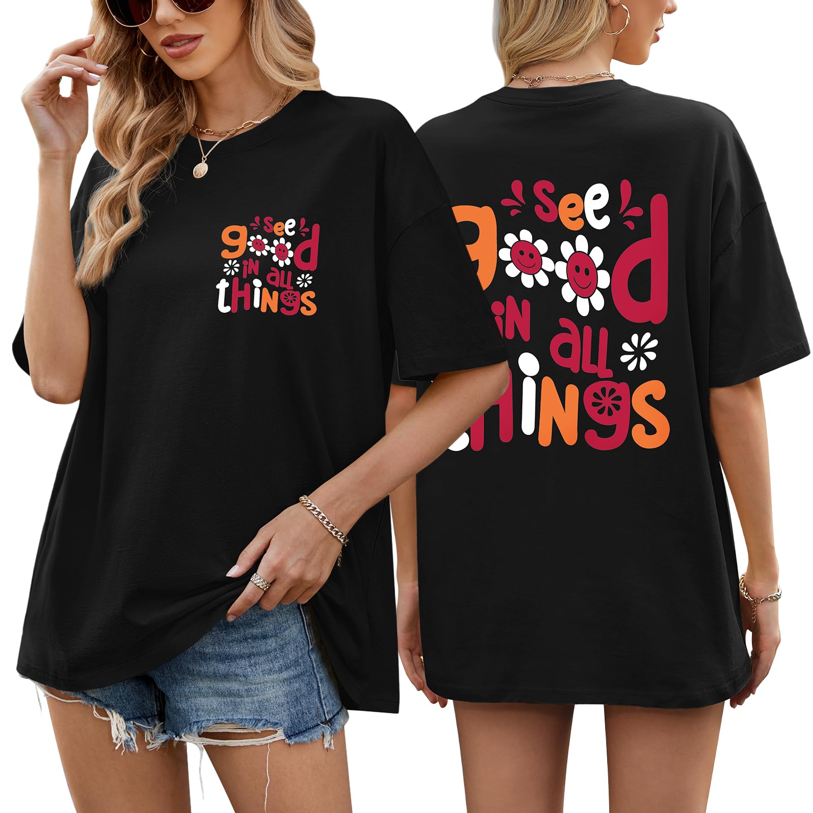 PASUDA Oversized T-Shirt Damen Sommer Oberteile Baumwolle Kurzärmeliges Rundhals Blumendruck Tshirt Casual Locker Basic T Shirt Teenager Mädchen Tunika Bluse