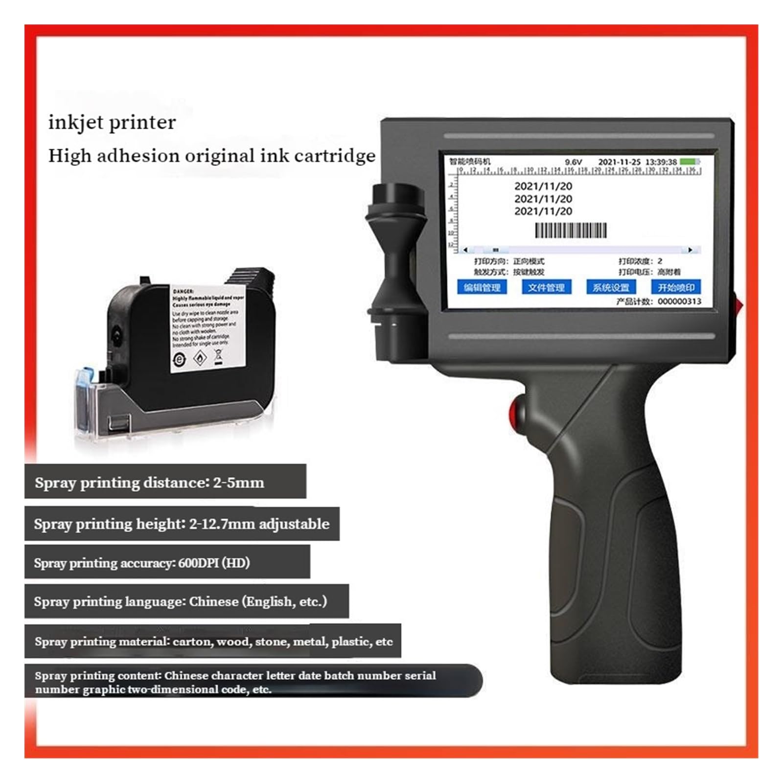 Ręczna drukarka atramentowa, Inteligentna ręczna drukarka atramentowa Mała automatyczna etykieta Opakowanie Torba Kod QR kreskowy Przenośna(1pcs)