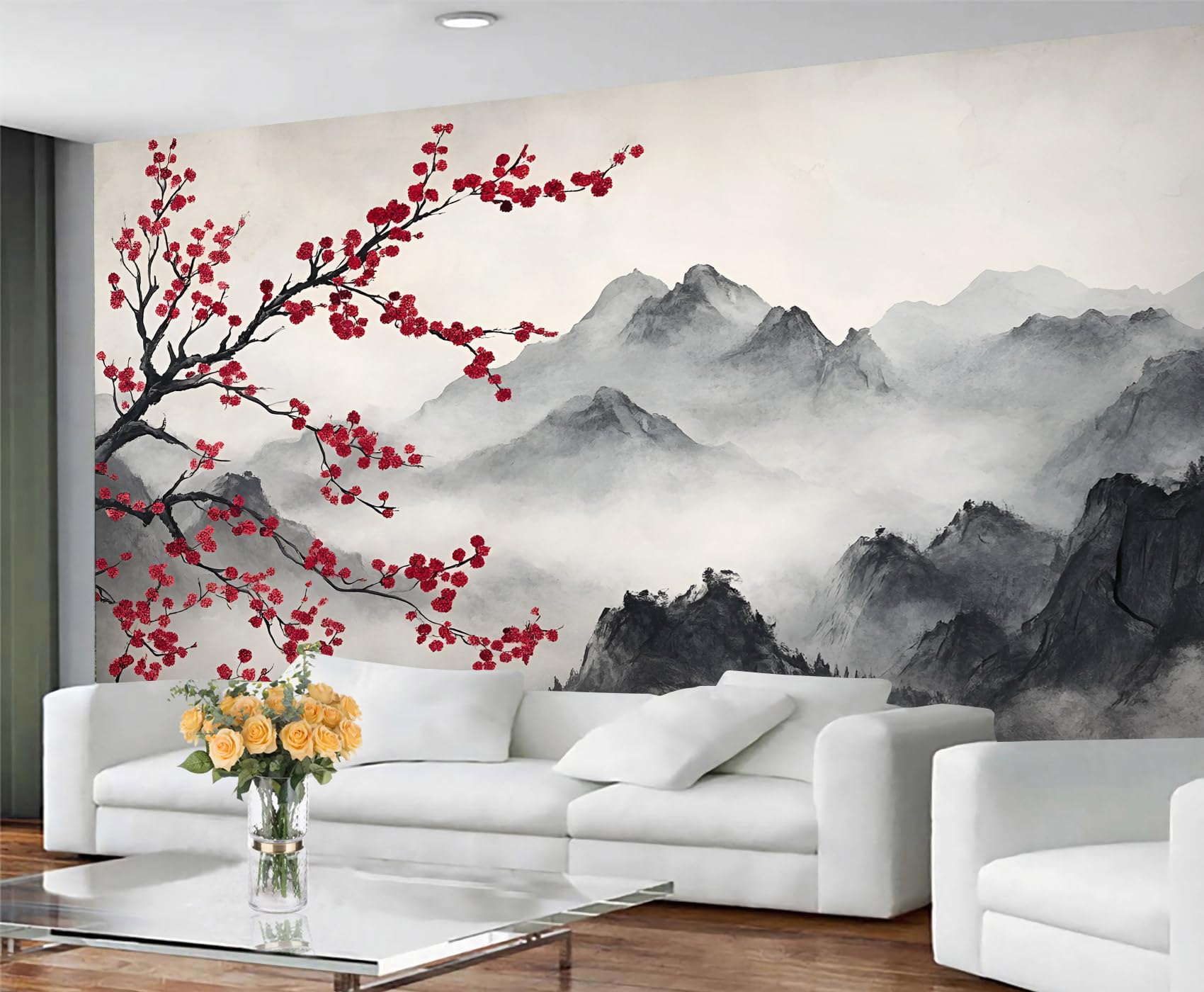 GIVLWF Vintage Wallpaper Mural Red Floral Bedroom Wallpaper Painted Landscape Wall Paper for Living Room Non Self Adhesive Murals & Home Decor