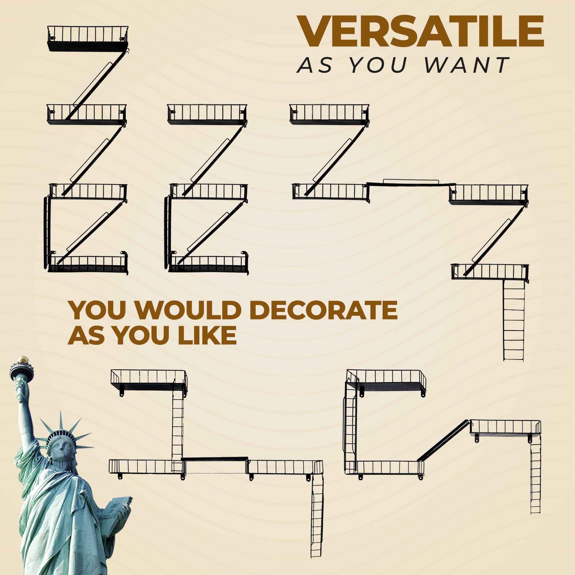 Fire Escape Decor Shelf Cool Novelty Unique Shelves Small Cute Weird Home Action Figures Superhero Display Floating Staircase New York Decorative Wall Organizer Ladder Firescape Shelving (4-Tier)