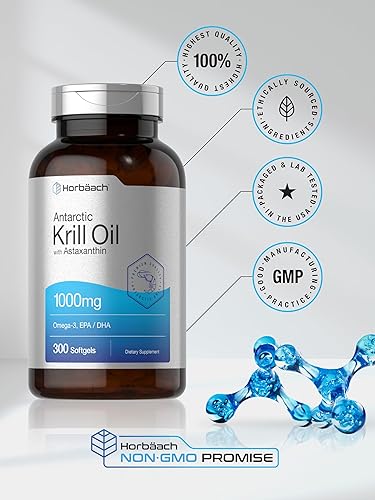 Miniatura 6 de Horbäach Aceite de krill antártico de 1000 mg cápsulas blandas | 300 unidades | Suplementos Omega 3 con astaxantina, EPA, DHA | Sin OMG, sin gluten