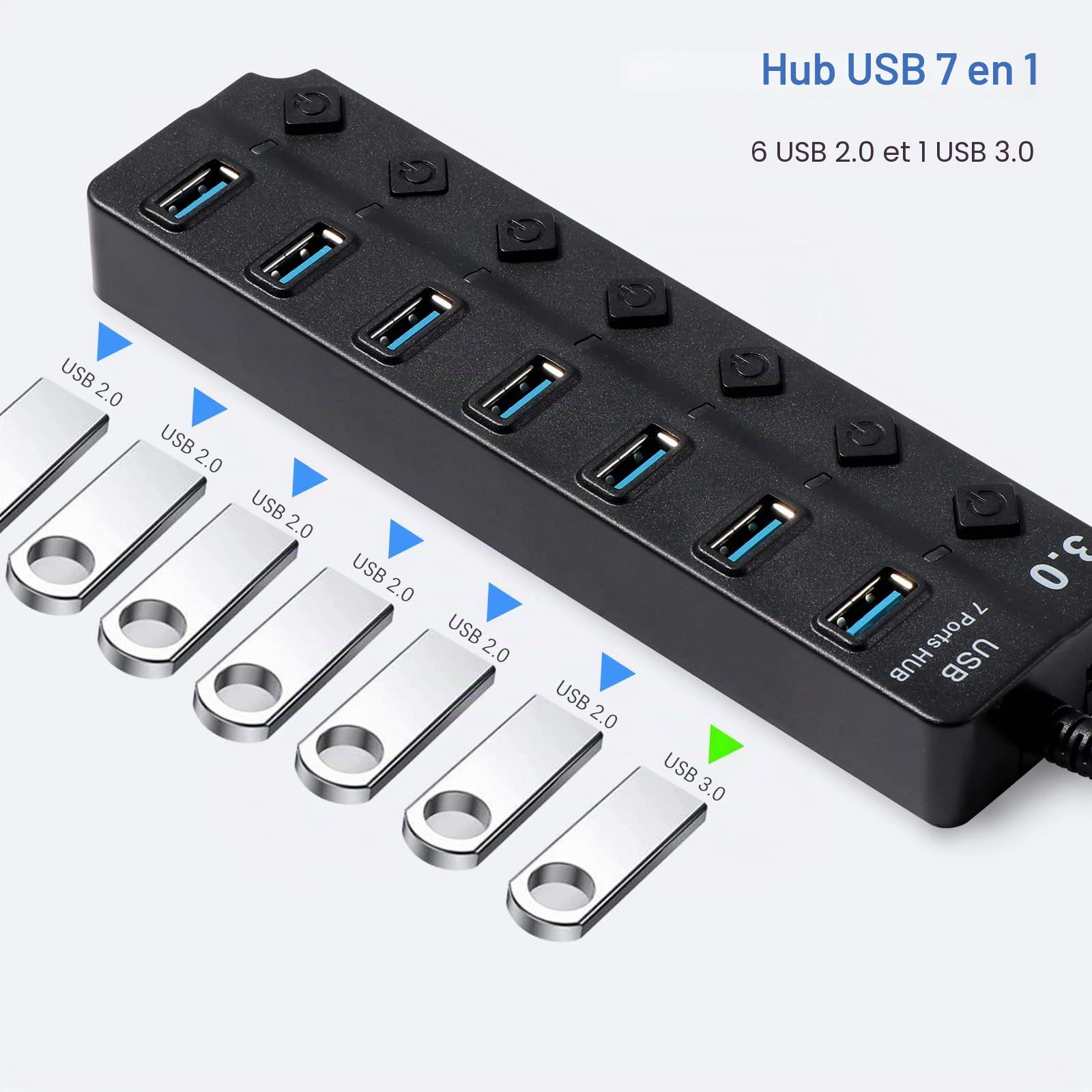 Hoppac Hub 7 en 1 Multiprise USB 3.0 2.0 Port Multiple PC Transfert Données Recharge Interrupteur LED 1M