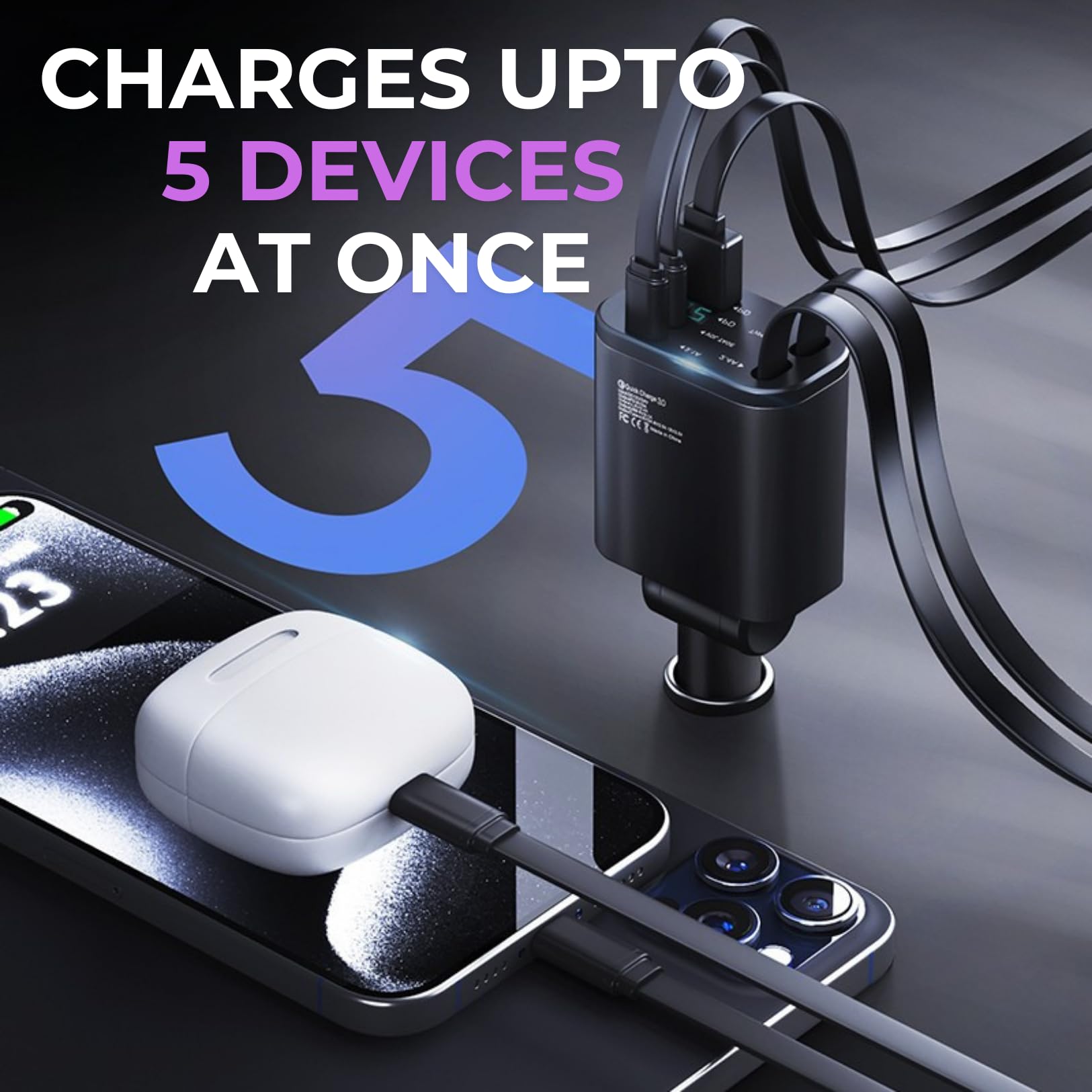?Upgraded? Retractable Car Charger 5 in 1 Fast Car Phone Charger | 2 Retractable Cords (Type-C & iOS) with Additional 3 Ports | Charge 5 Devices | Compatible with iPhone & Android Models
