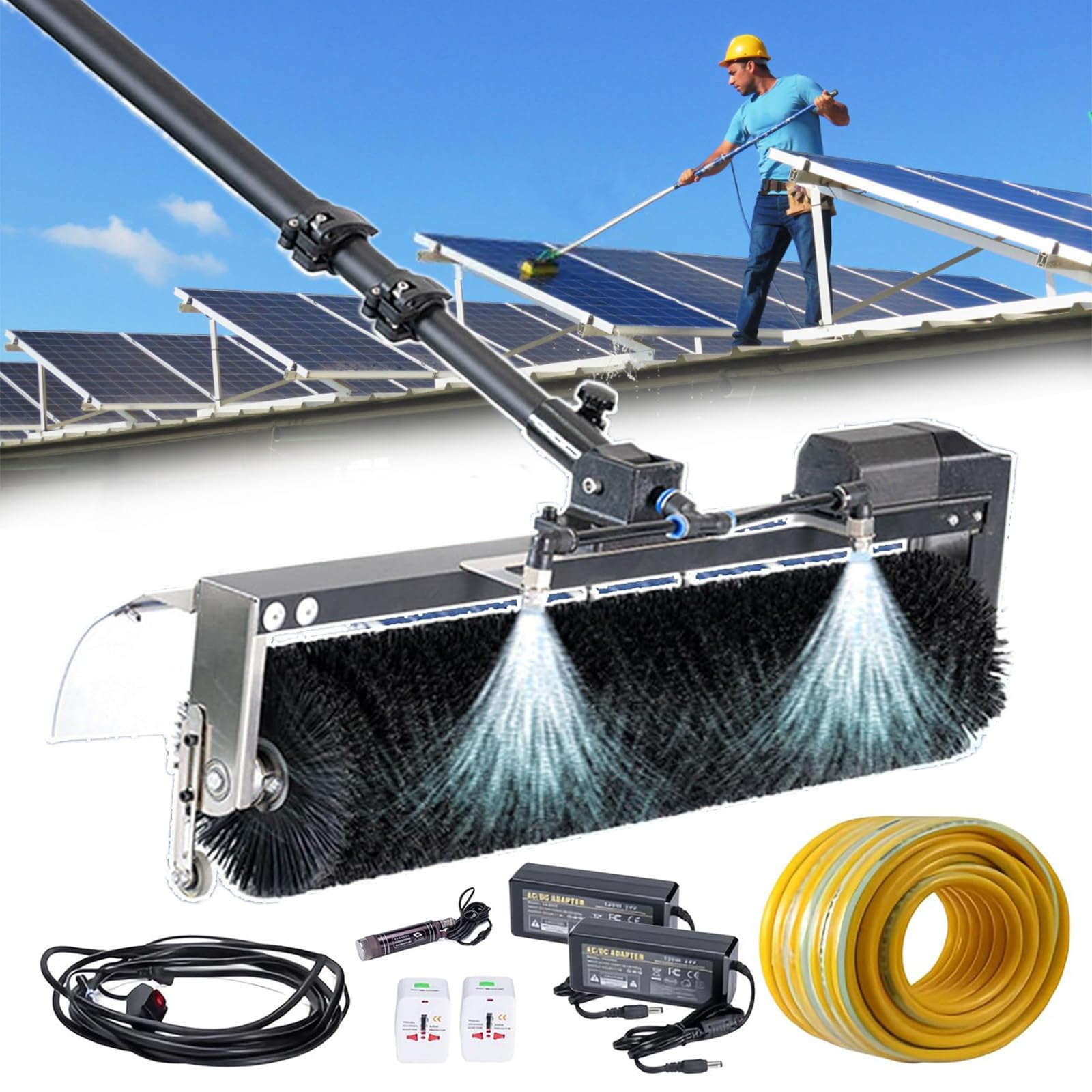 Cepillo y Poste Extra Largos para Limpieza de Paneles Solares, máquina eléctrica de Limpieza Fotovoltaica, Kit de Poste con Alimentación de Agua, Cepillo para Limpieza de Ventanas,7.5m/25ft