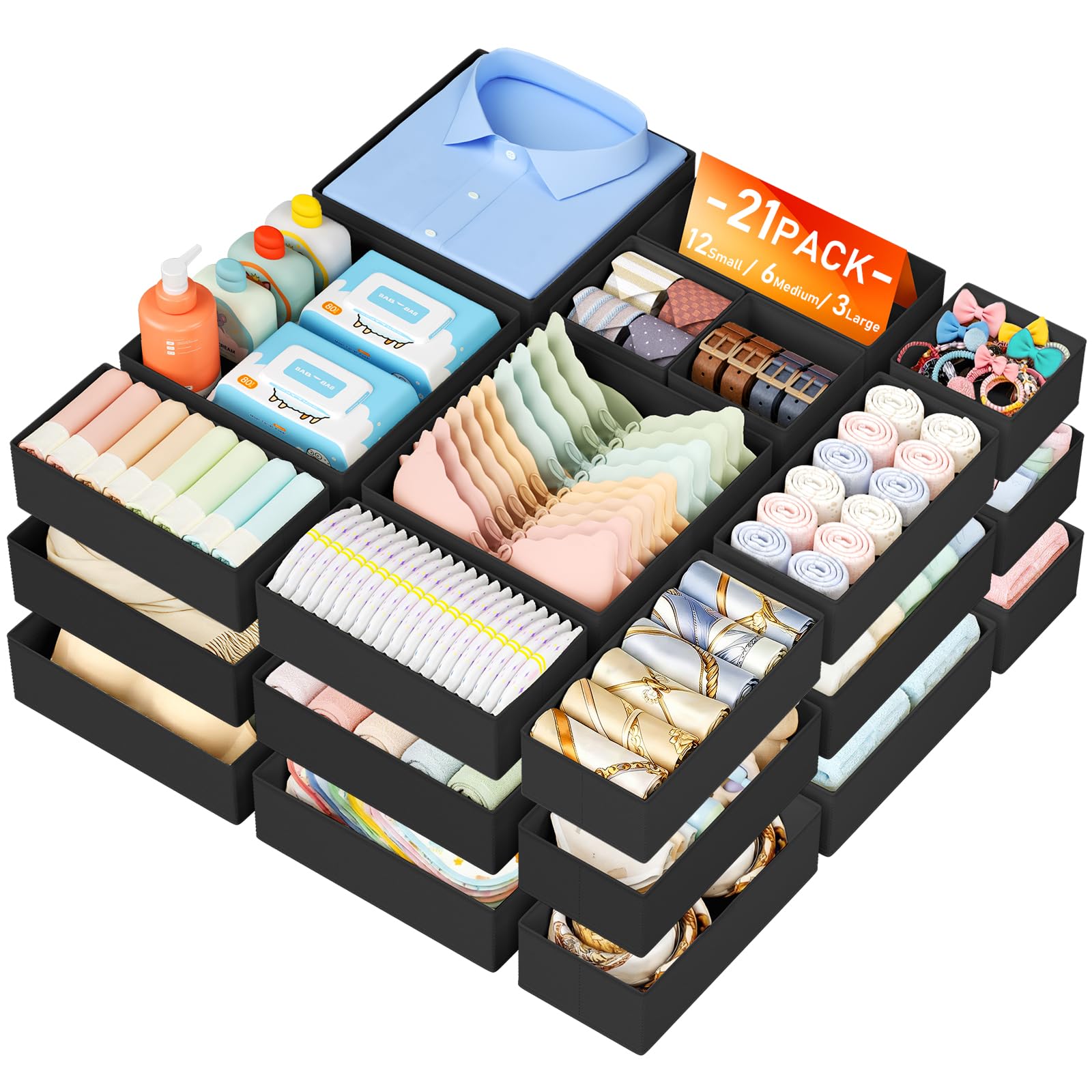 DIMJ 21-Pack Foldable Fabric Drawer Organisers for Clothes, Underwear, Socks - White Wardrobe Organiser Boxes for Bedroom, Closet, Nursery,Black