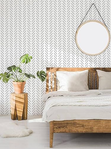 Miniatura 2 de Orainege - Papel de colgadura adhesivo negro y blanco con diseño de espina de pescado, diseño geométrico moderno de rayas negras, autoadhesivo y