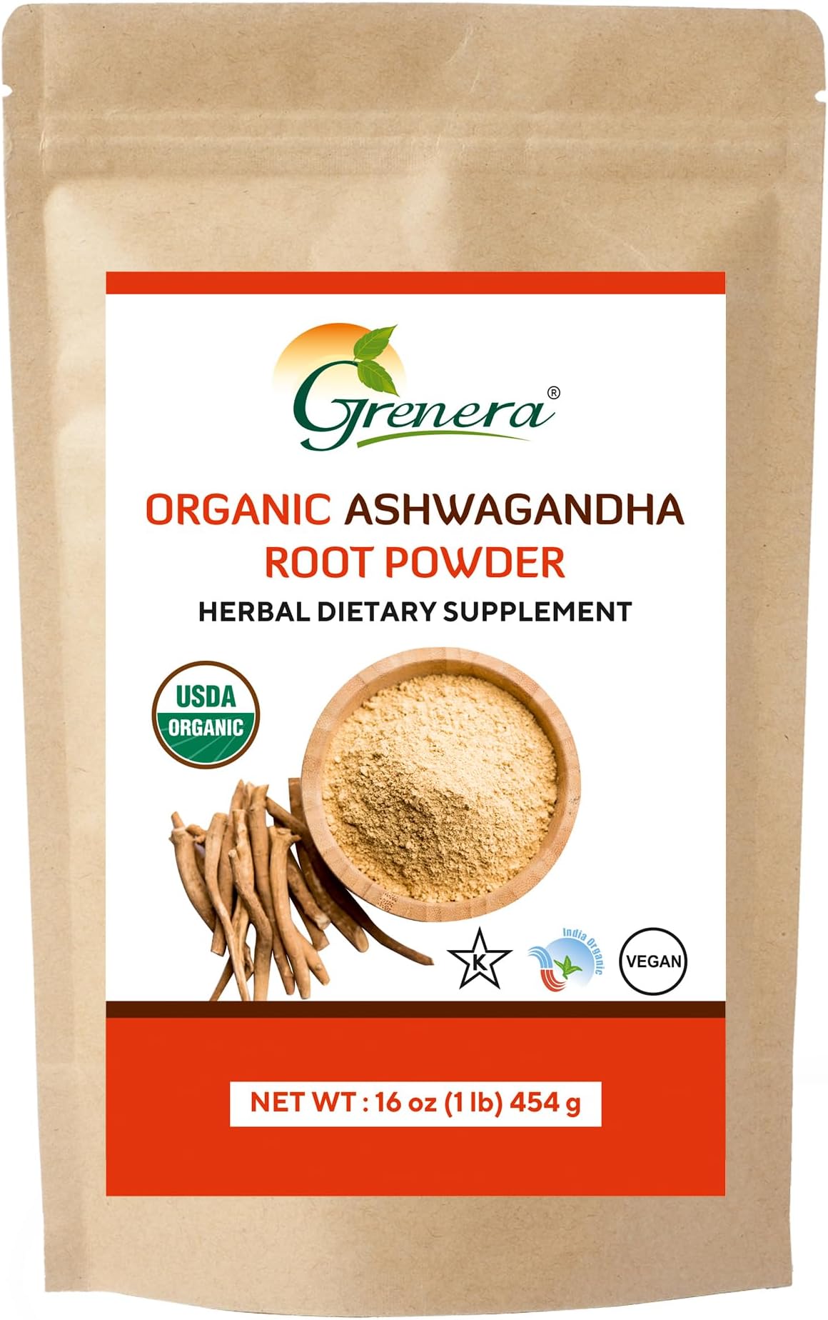 Grenera Organic Ashwagandha Powder 1 lb (16 Ounce) - USDA Organic, Vegan, Kosher CetifiedUSDA Organic