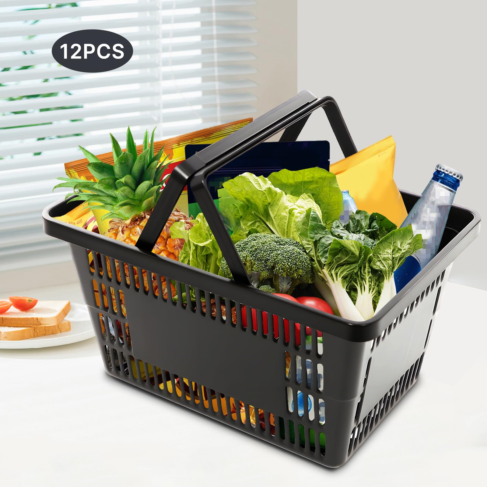 12er Set Einkaufskorb 28L aus Kunststoff, stapelbarer Korb mit Tragegriff für Supermarkt, Buchhandlungen & KTV, 48x26x33cm, für Kleidung, Obst & Spielzeug (schwarz)